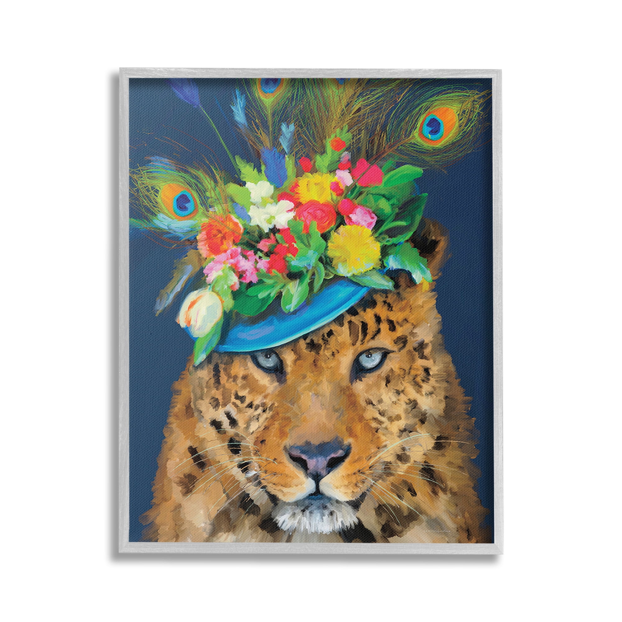 Stupell Industries Cheetah with Feather Hat Animals & Insects Painting Gray Framed Art Print Wall Art, 24 x 30