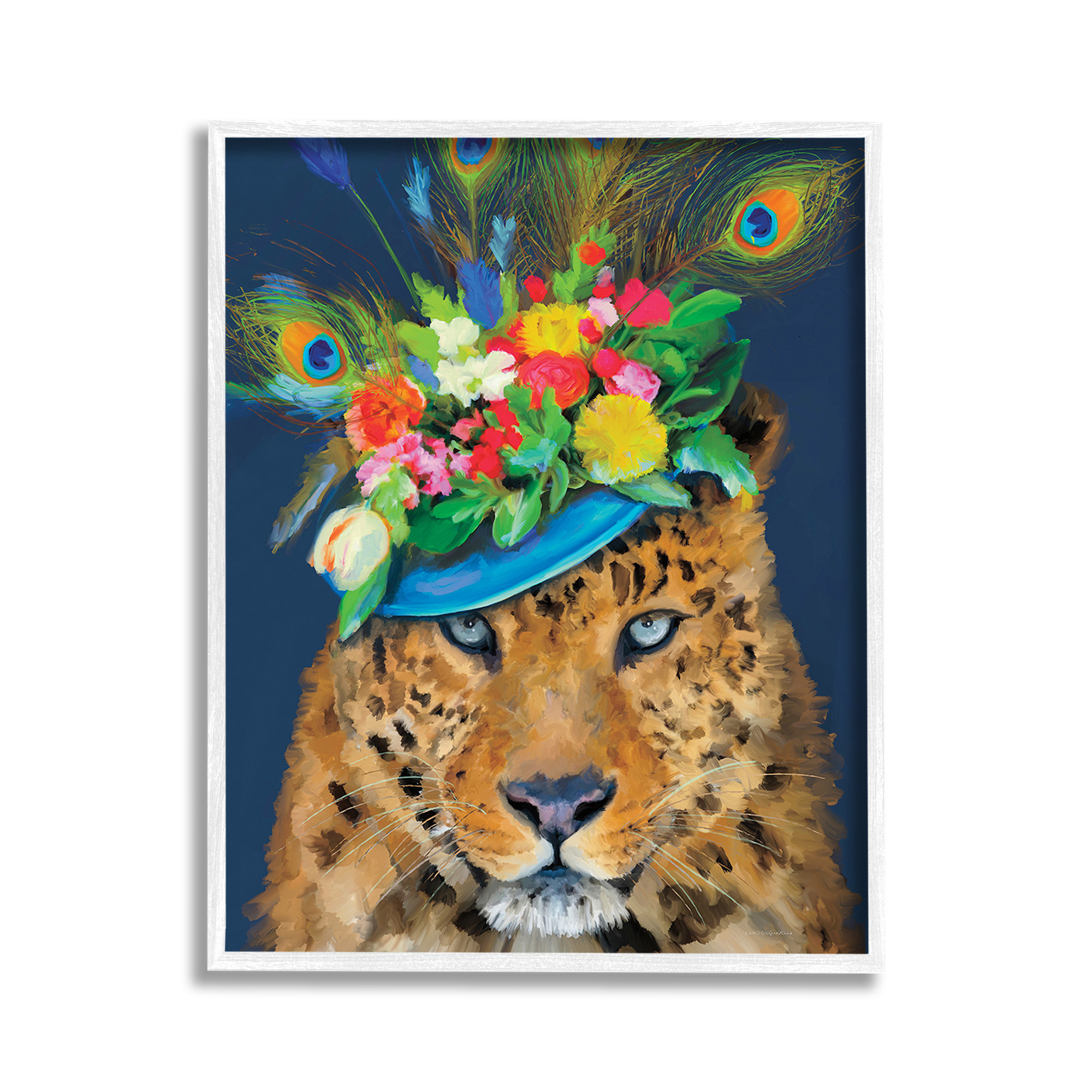Stupell Industries Cheetah with Feather Hat Animals & Insects Painting White Framed Art Print Wall Art, 11 x 14