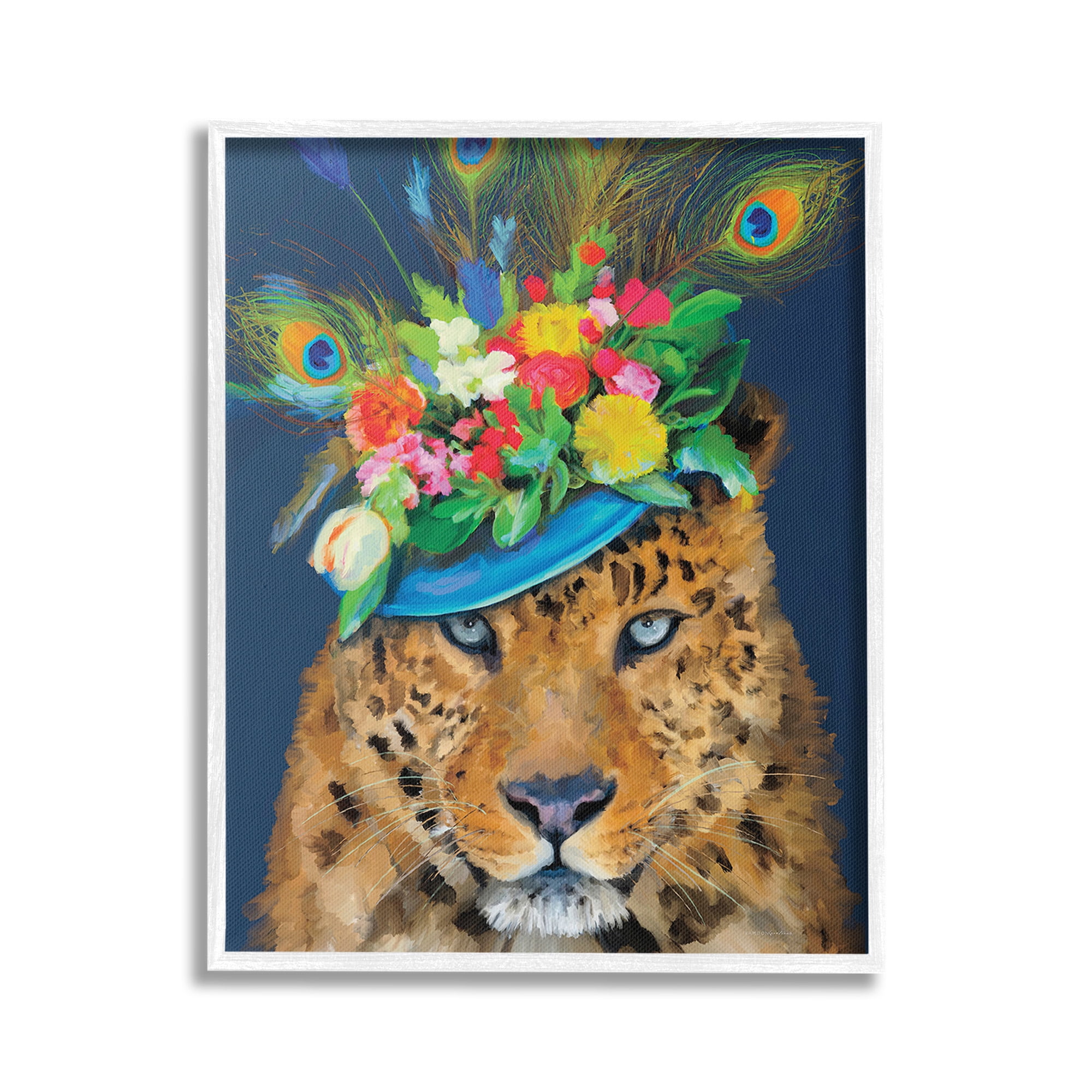 Stupell Industries Cheetah with Feather Hat Animals & Insects Painting White Framed Art Print Wall Art, 16 x 20