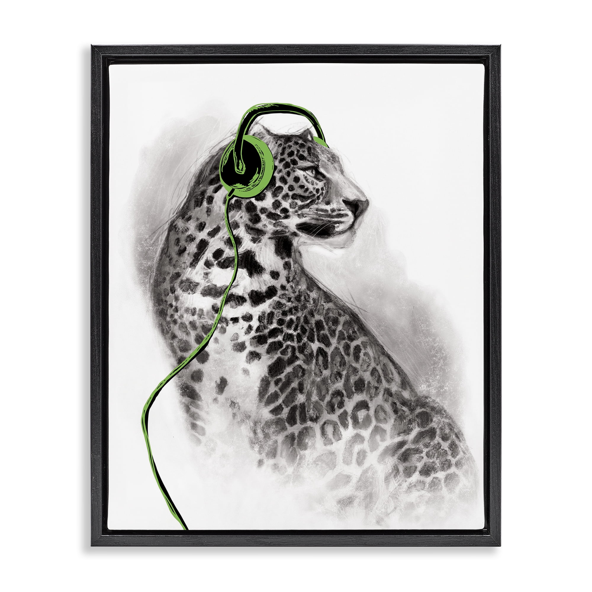 Stupell Industries Cheetah with Headphones Animals & Insects Painting Black Floater Framed Canvas Art Print Wall Art, 25 x 31