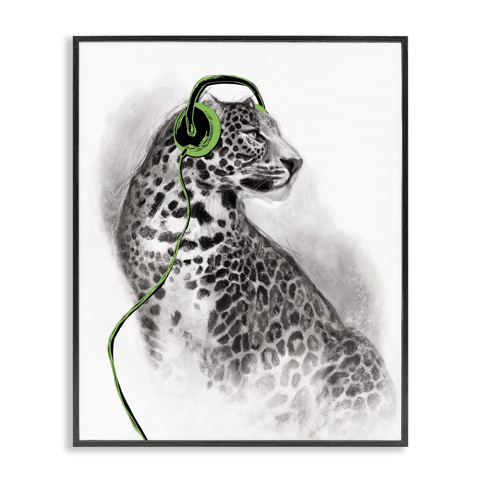 Stupell Industries Cheetah with Headphones Animals & Insects Painting Black Framed Art Print Wall Art, 16 x 20