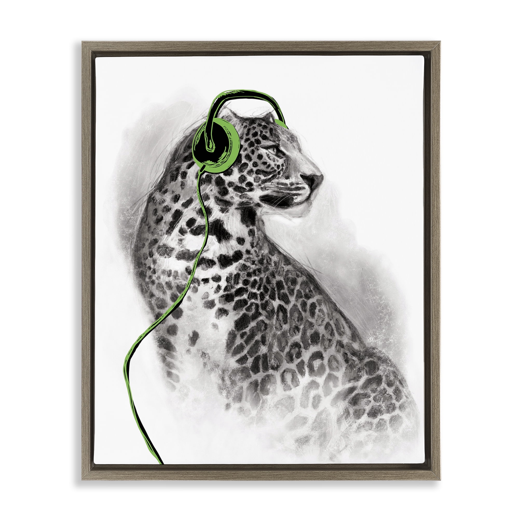 Stupell Industries Cheetah with Headphones Animals & Insects Painting Brown Floater Framed Canvas Art Print Wall Art, 17 x 21