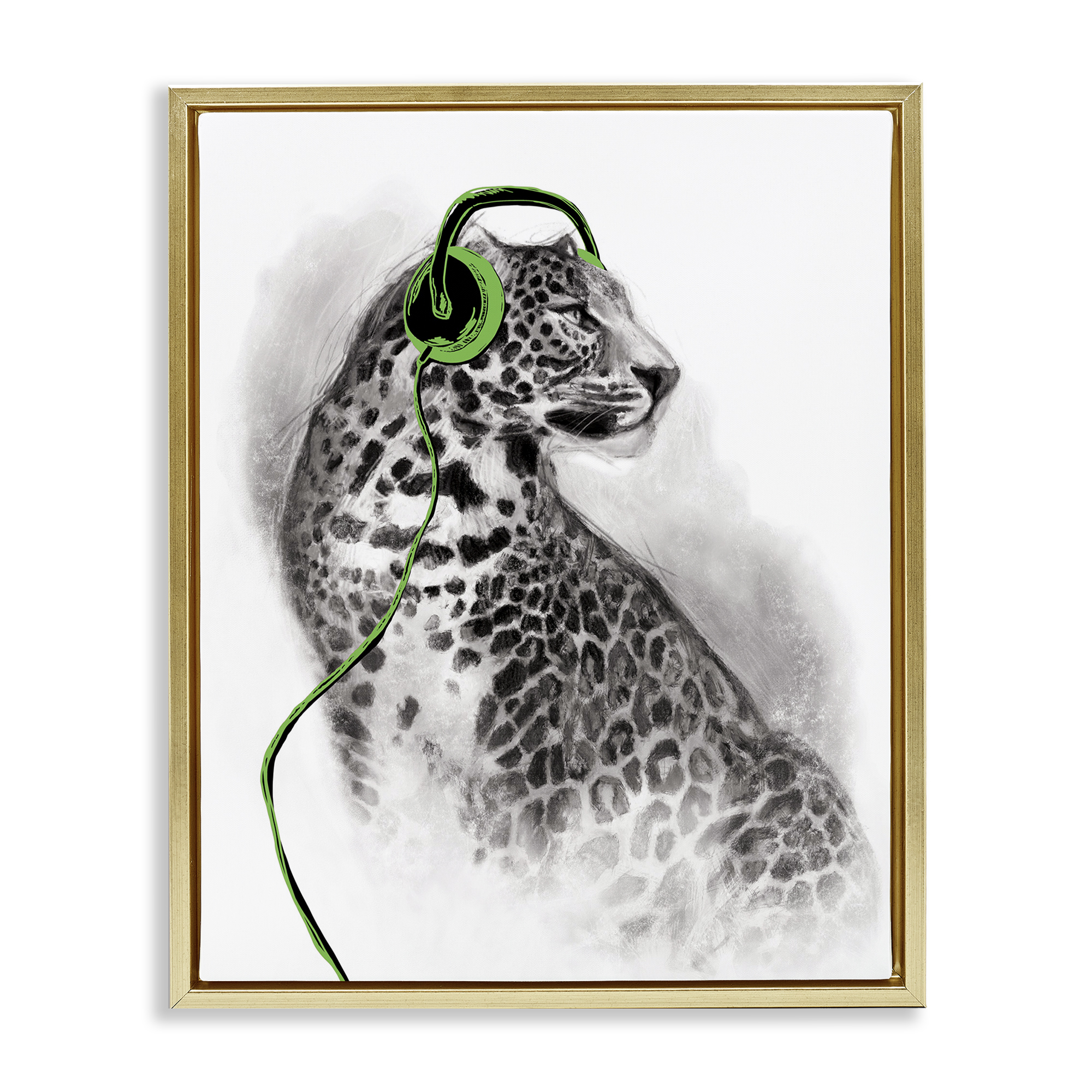 Stupell Industries Cheetah with Headphones Animals & Insects Painting Gold Floater Framed Canvas Art Print Wall Art, 25 x 31