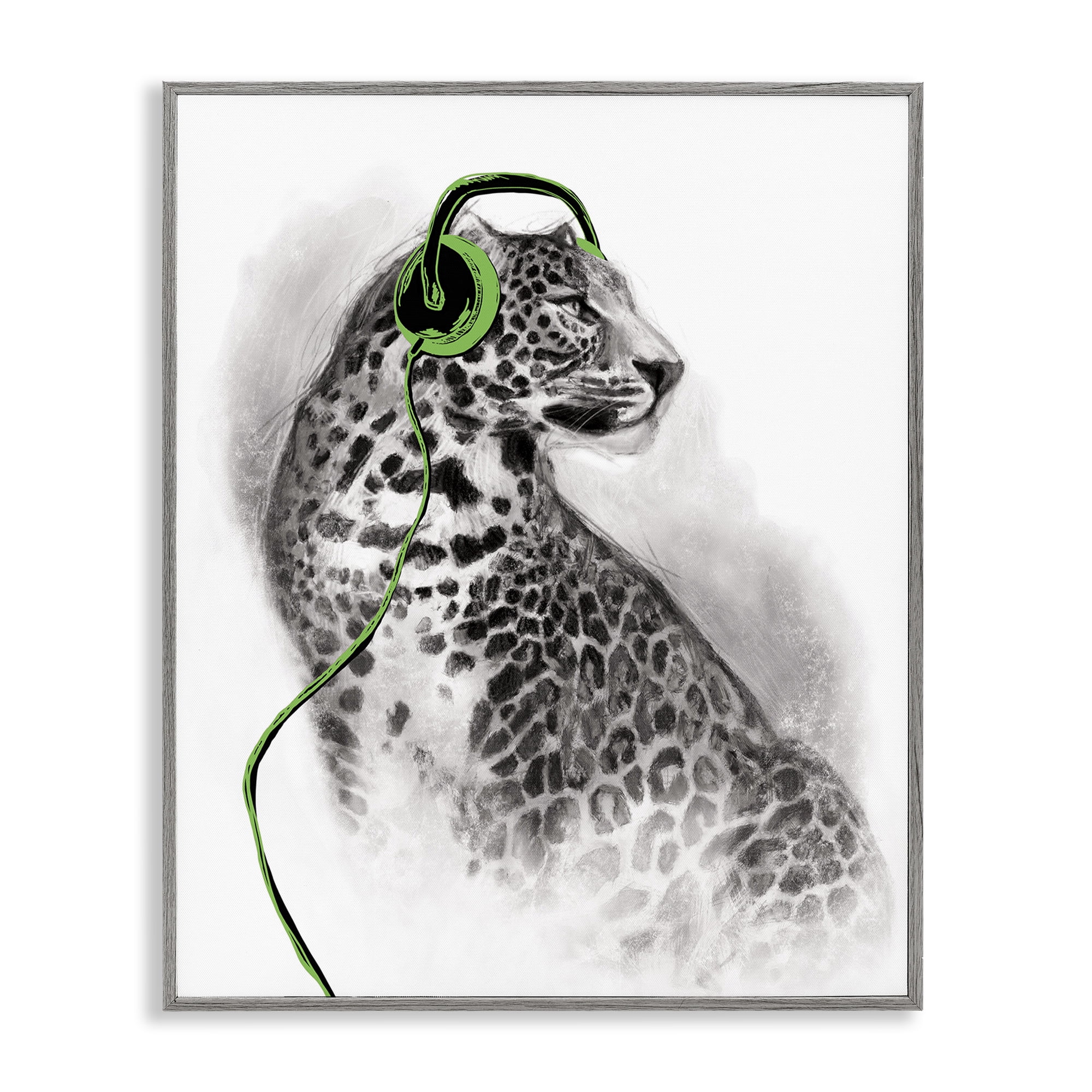 Stupell Industries Cheetah with Headphones Animals & Insects Painting Gray Framed Art Print Wall Art, 16 x 20