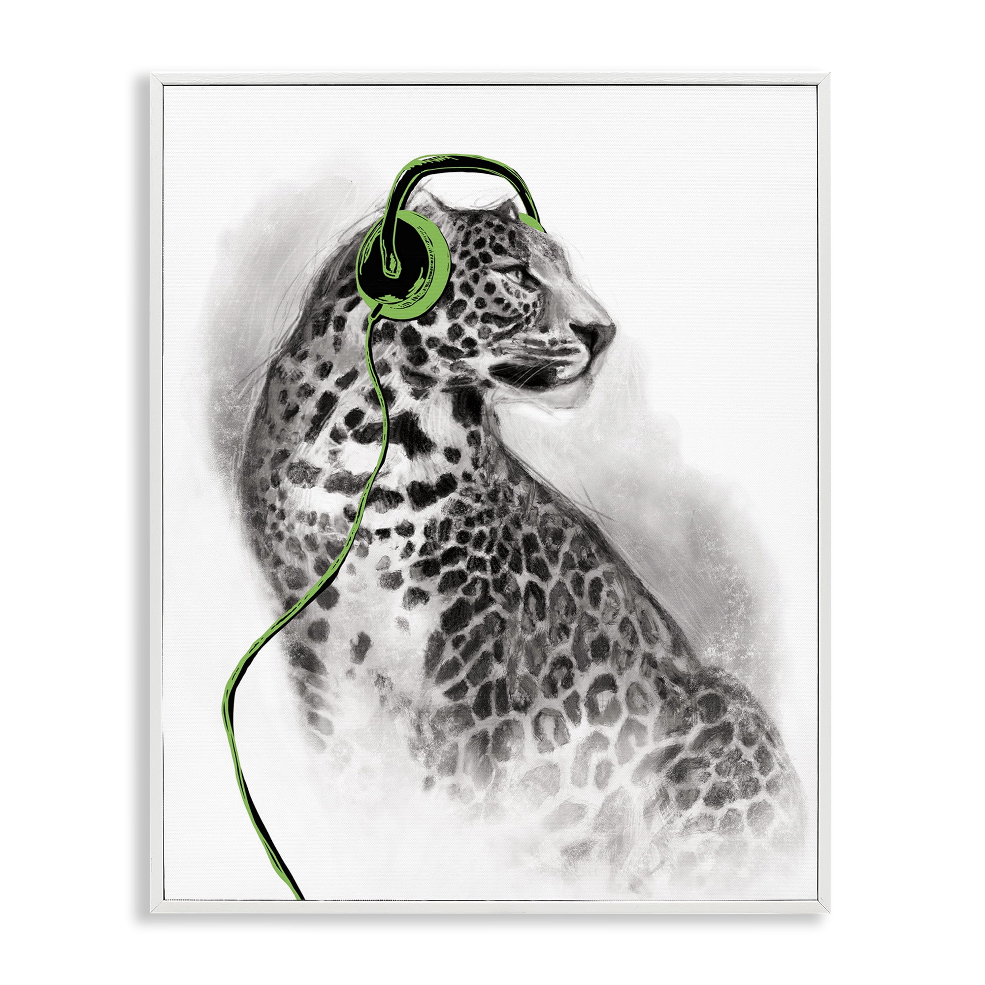 Stupell Industries Cheetah with Headphones Animals & Insects Painting White Framed Art Print Wall Art, 11 x 14
