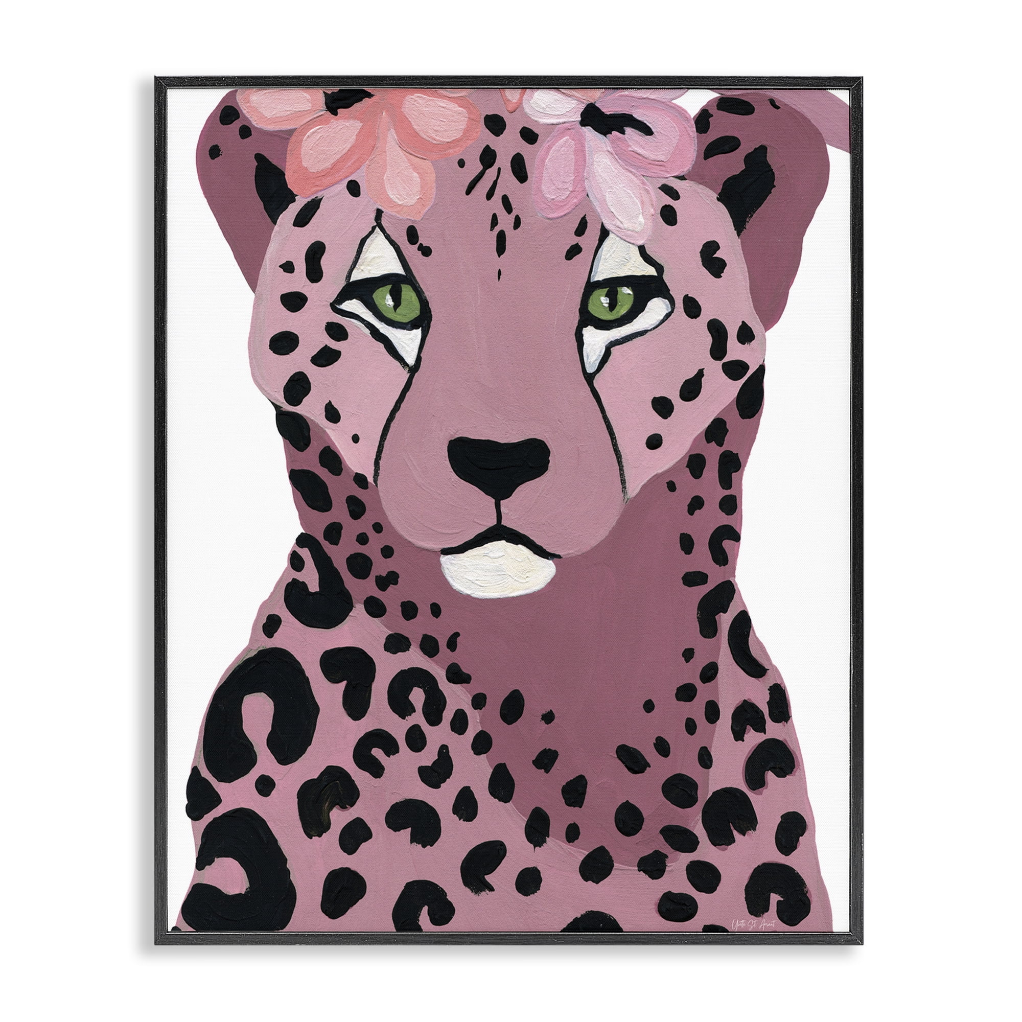 Stupell Industries Cheetah with Pink Blossoms Animals & Insects Painting Black Framed Art Print Wall Art, 24 x 30