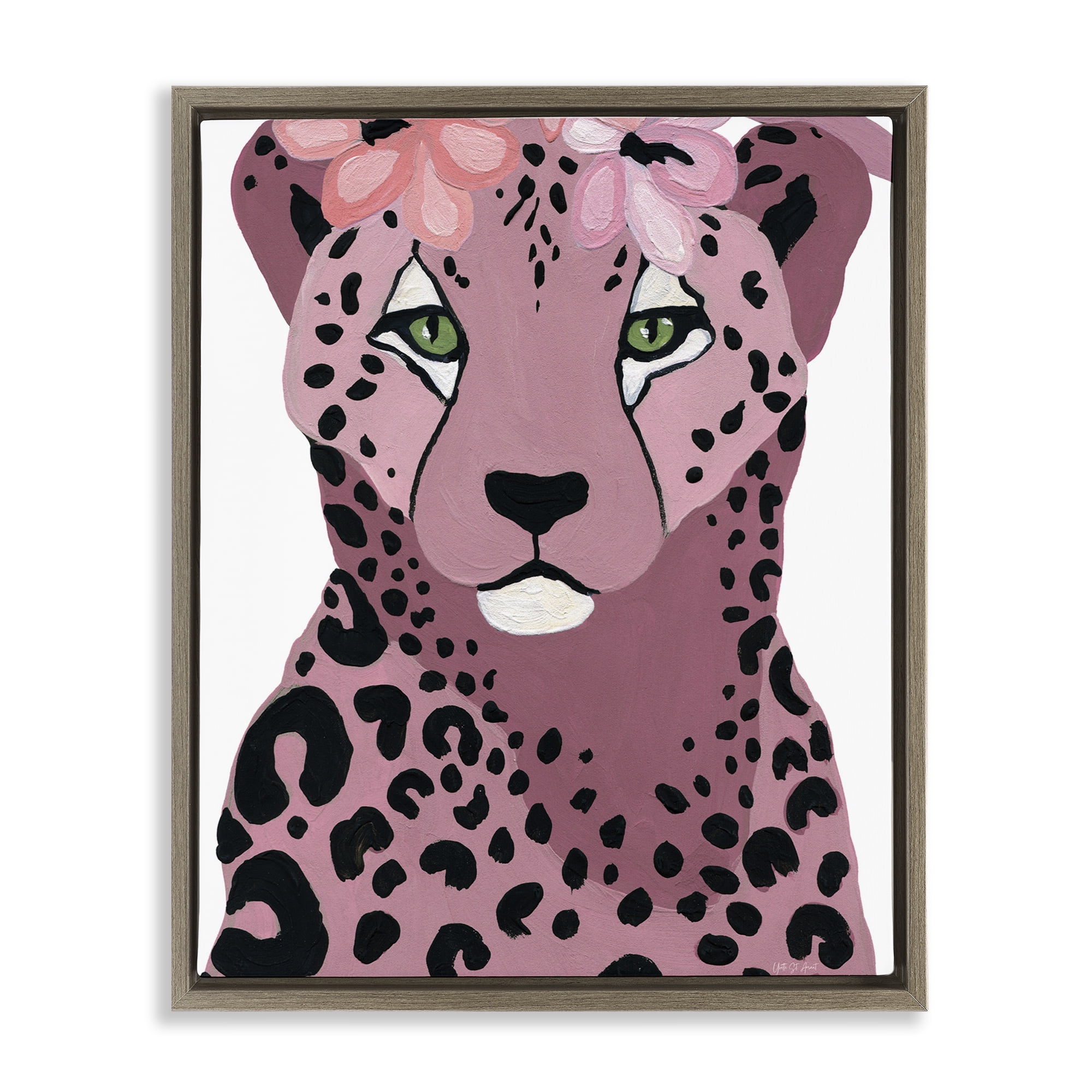 Stupell Industries Cheetah with Pink Blossoms Animals & Insects Painting Brown Floater Framed Canvas Art Print Wall Art, 25 x 31