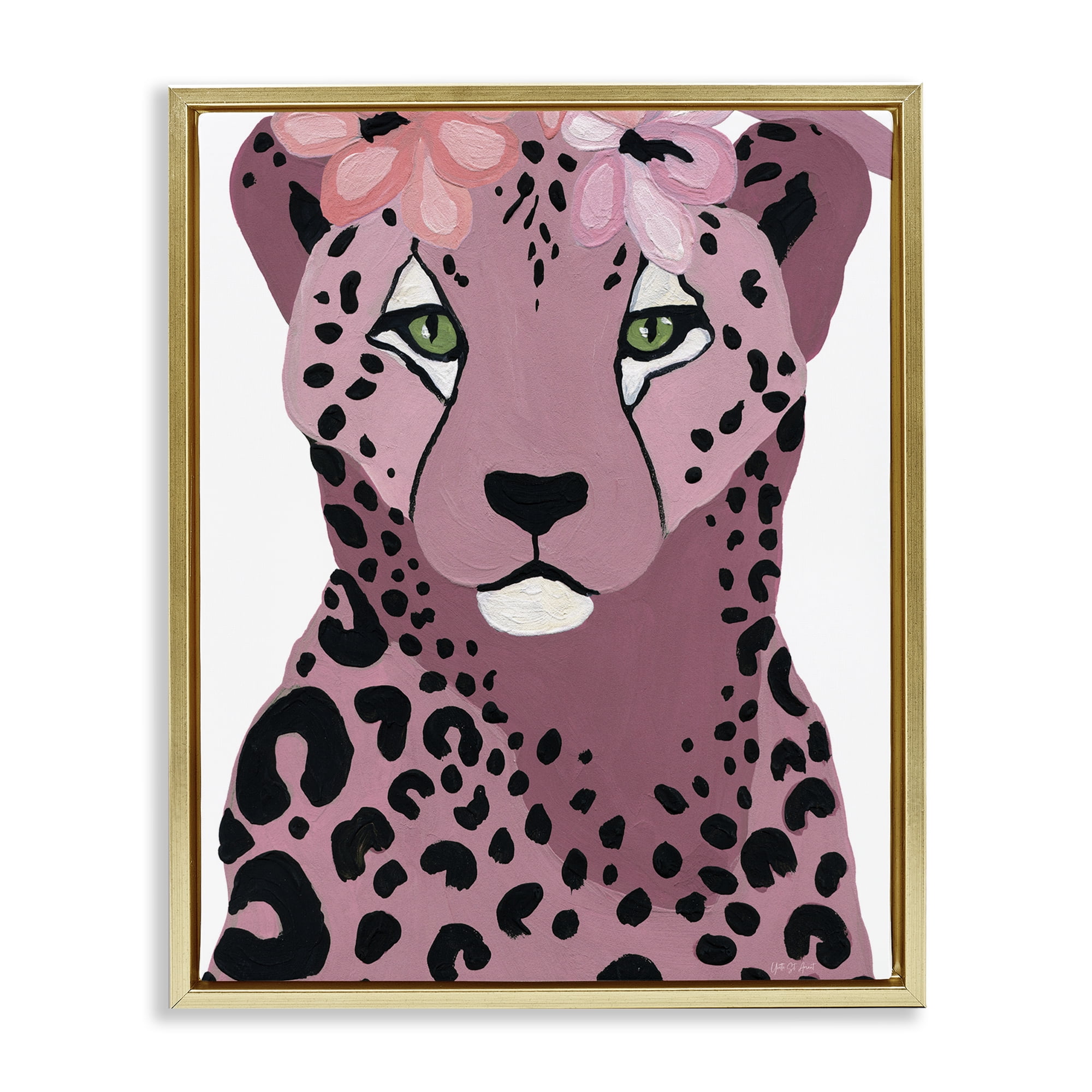 Stupell Industries Cheetah with Pink Blossoms Animals & Insects Painting Gold Floater Framed Canvas Art Print Wall Art, 17 x 21