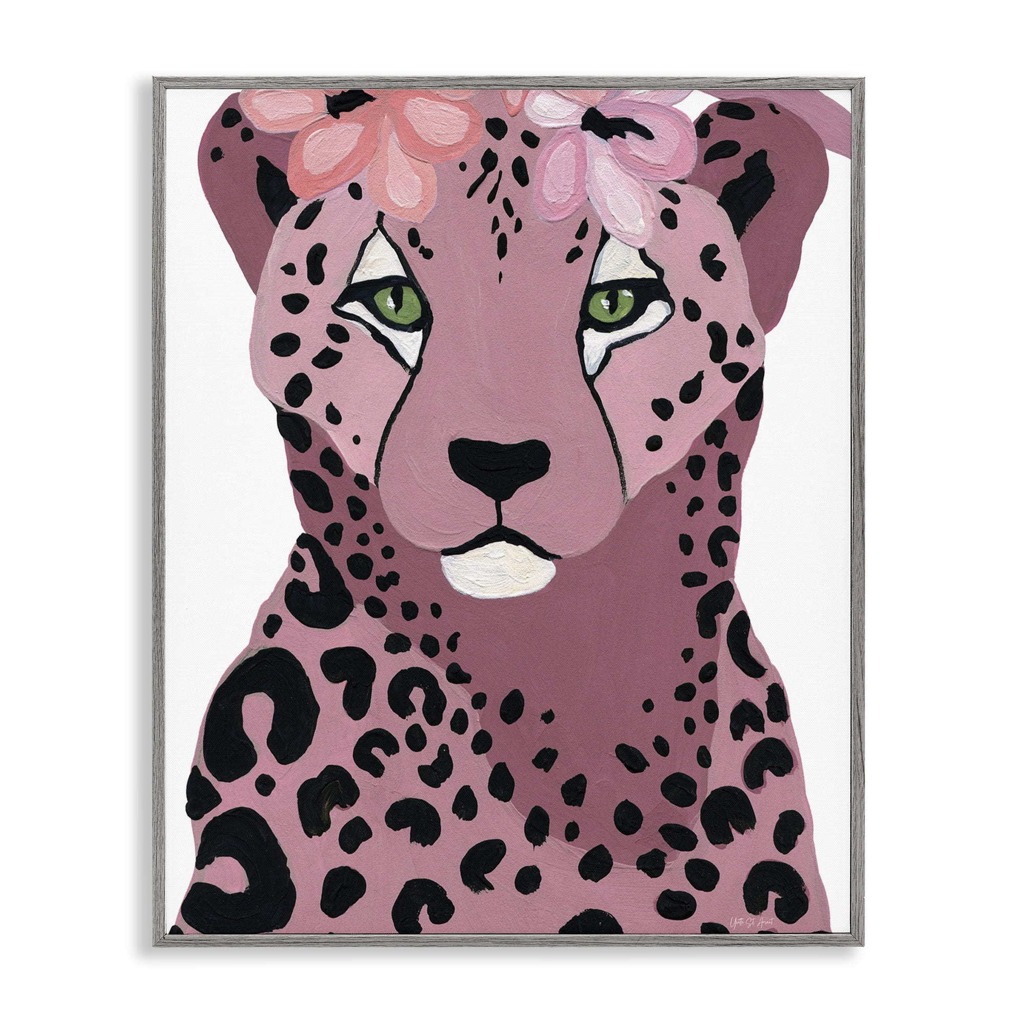 Stupell Industries Cheetah with Pink Blossoms Animals & Insects Painting Gray Framed Art Print Wall Art, 16 x 20