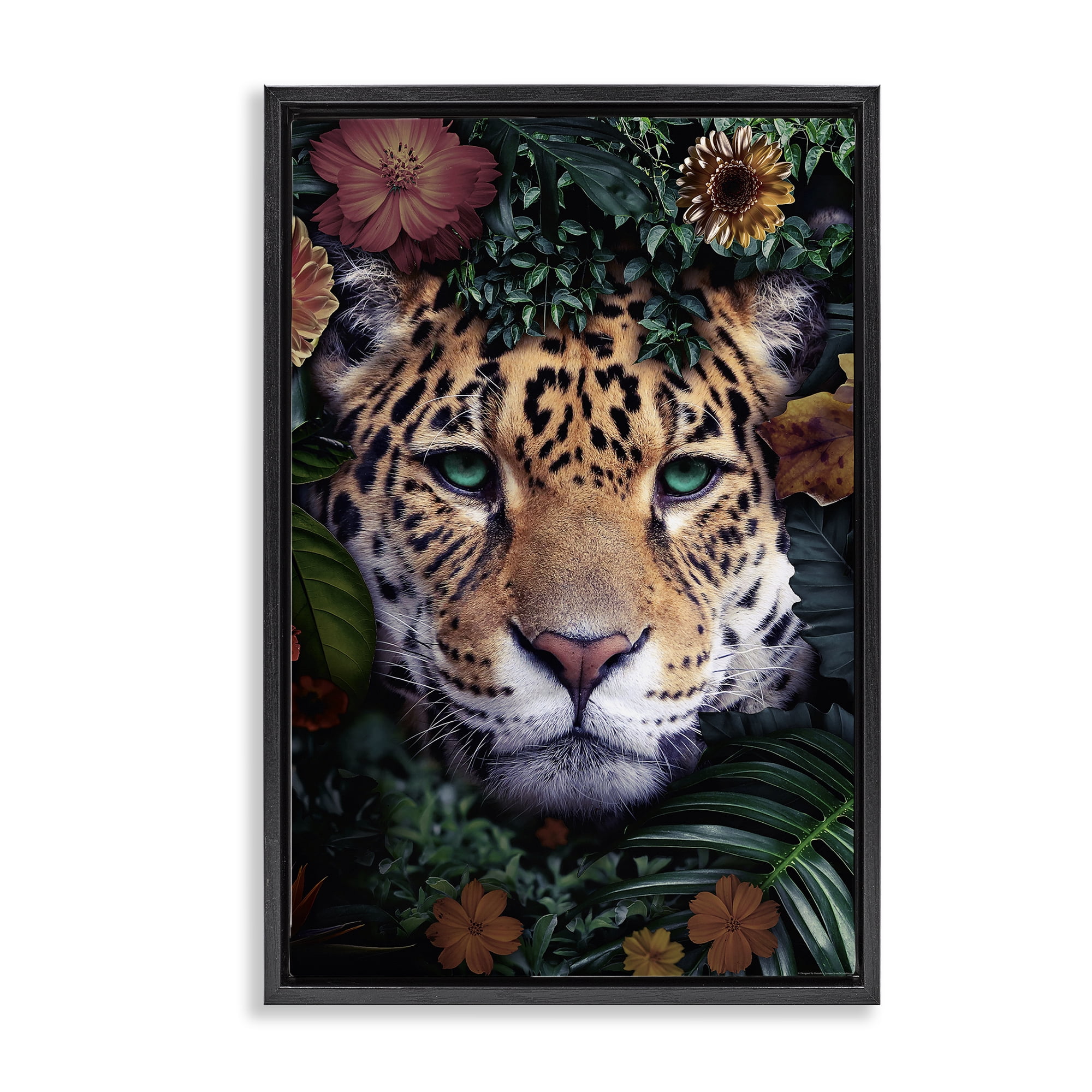 Stupell Industries Cheetah with Tropical Florals Animals Painting Black Floater Framed Canvas Art Print Wall Art, 21 x 31