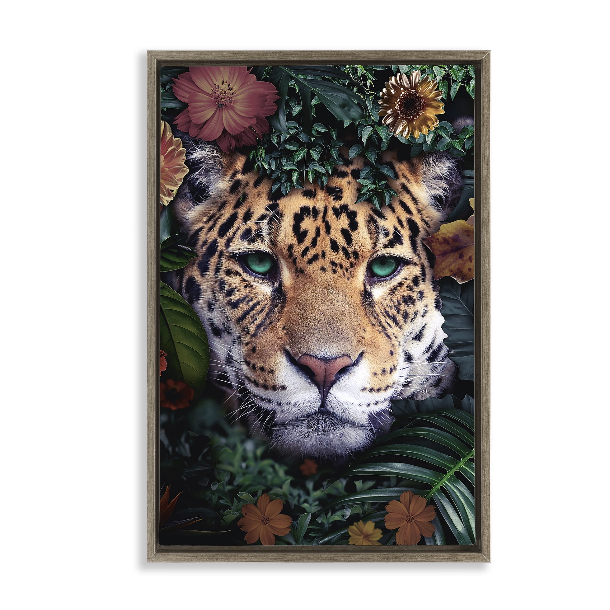 Stupell Industries Cheetah with Tropical Florals Animals Painting Brown Floater Framed Canvas Art Print Wall Art, 21 x 31
