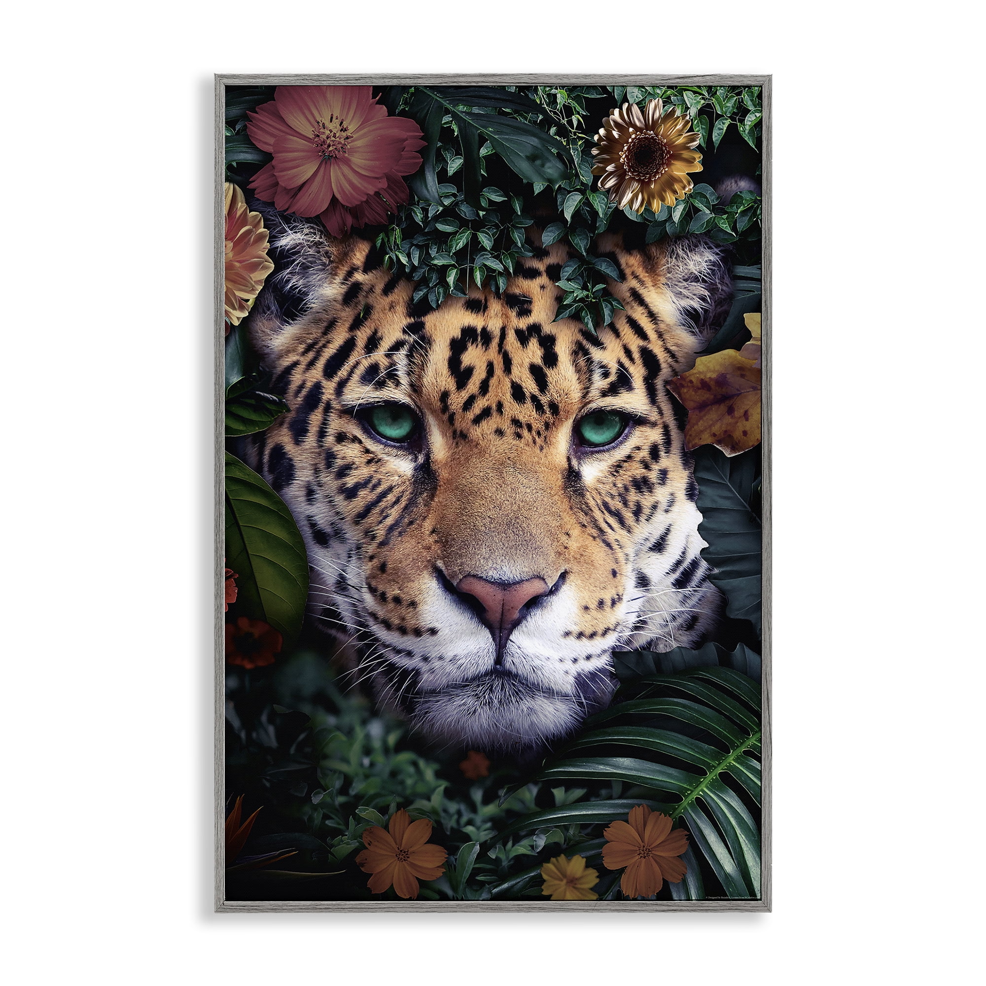 Stupell Industries Cheetah with Tropical Florals Animals Painting Gray Framed Art Print Wall Art, 16 x 24