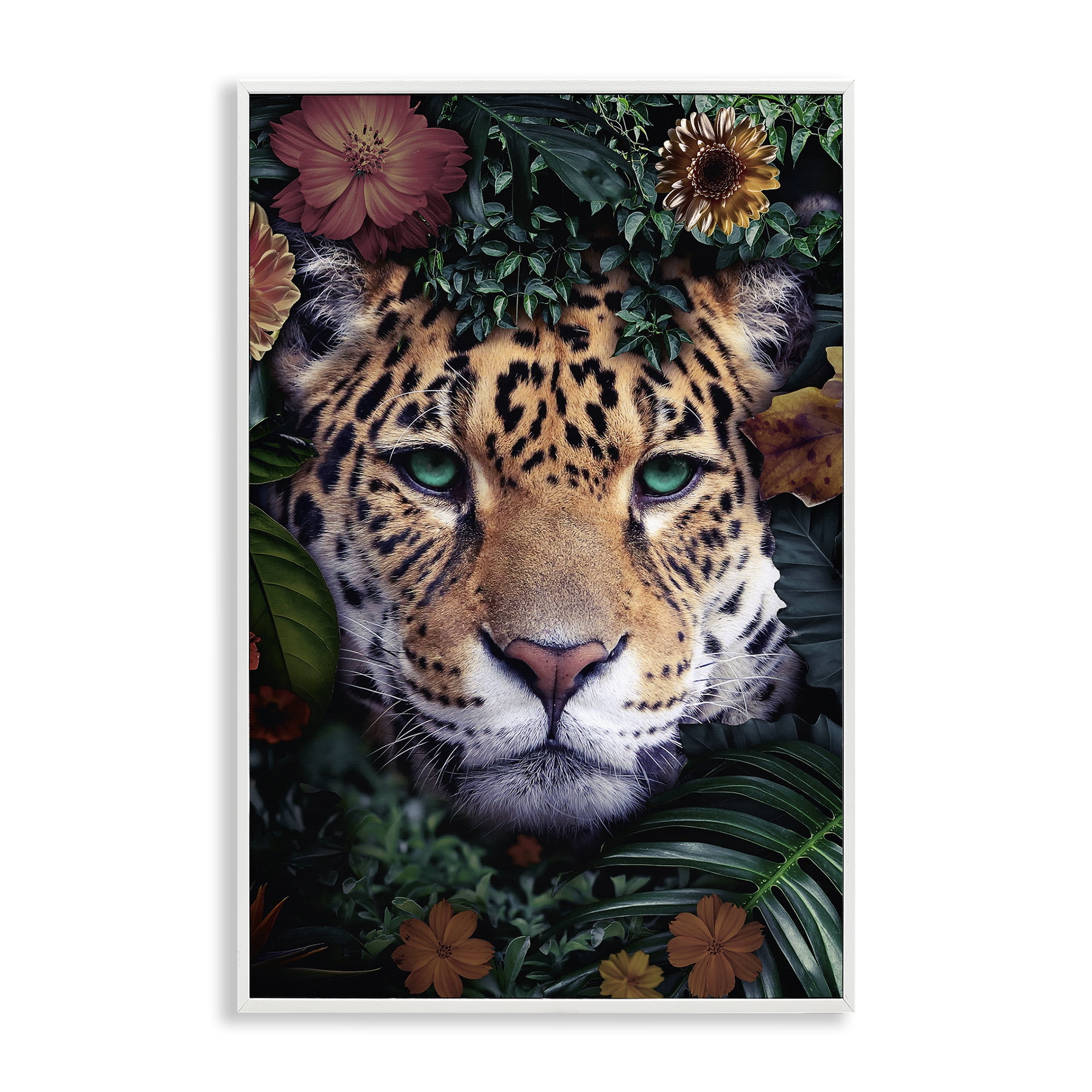 Stupell Industries Cheetah with Tropical Florals Animals Painting White Framed Art Print Wall Art, 12 x 18