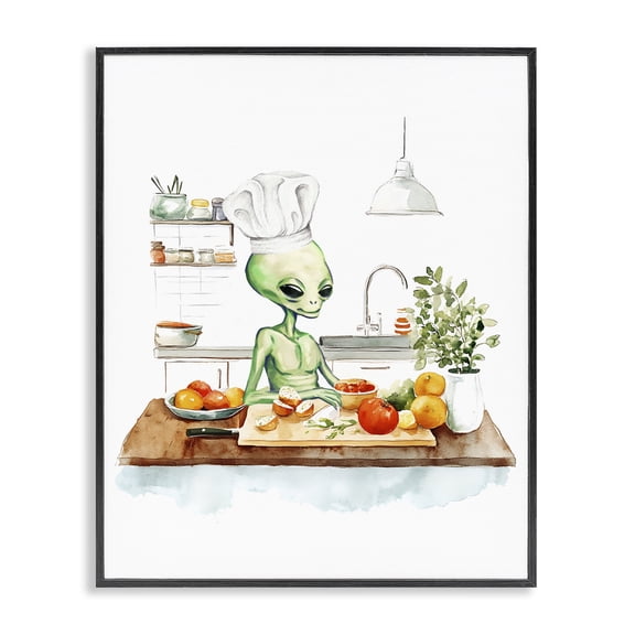 Stupell Industries Chef Alien in Kitchen Fantasy & Sci-Fi Painting Black Framed Art Print Wall Art, 11 x 14