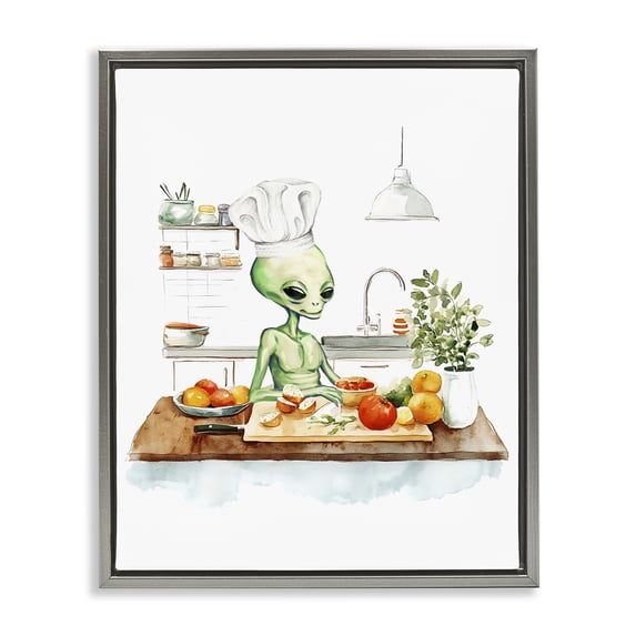 Stupell Industries Chef Alien in Kitchen Fantasy & Sci-Fi Painting Gray Floater Framed Canvas Art Print Wall Art, 17 x 21