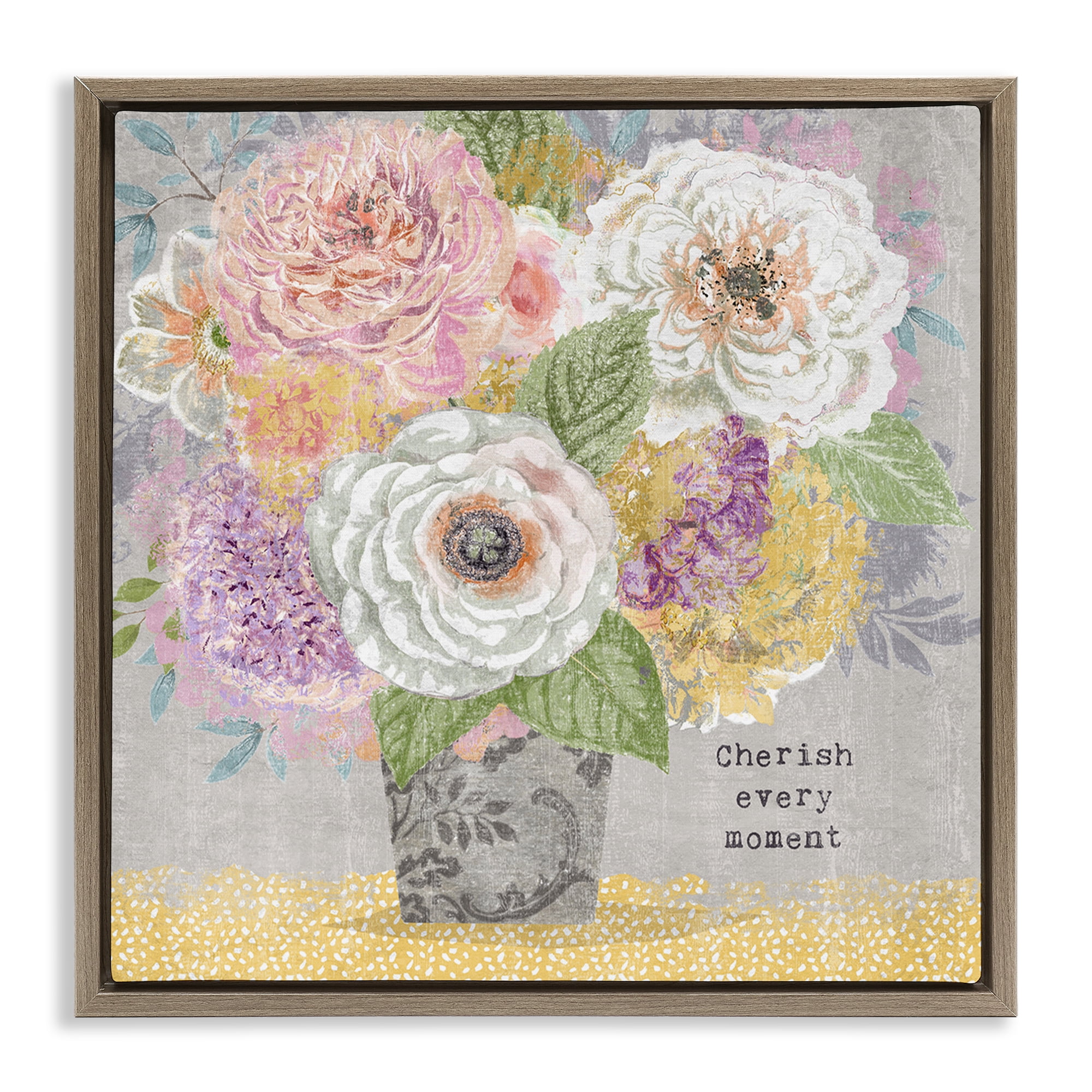 Stupell Industries Cherish Every Moment Inspiration Brown Framed Floater Canvas Wall Art, design by Suzanne Nicoll