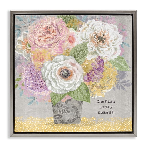 Stupell Industries Shabby Chic Cherish Every Moment Inspiration Gray Floating Frame Canvas Art, 25 x 25, by Suzanne Nicoll