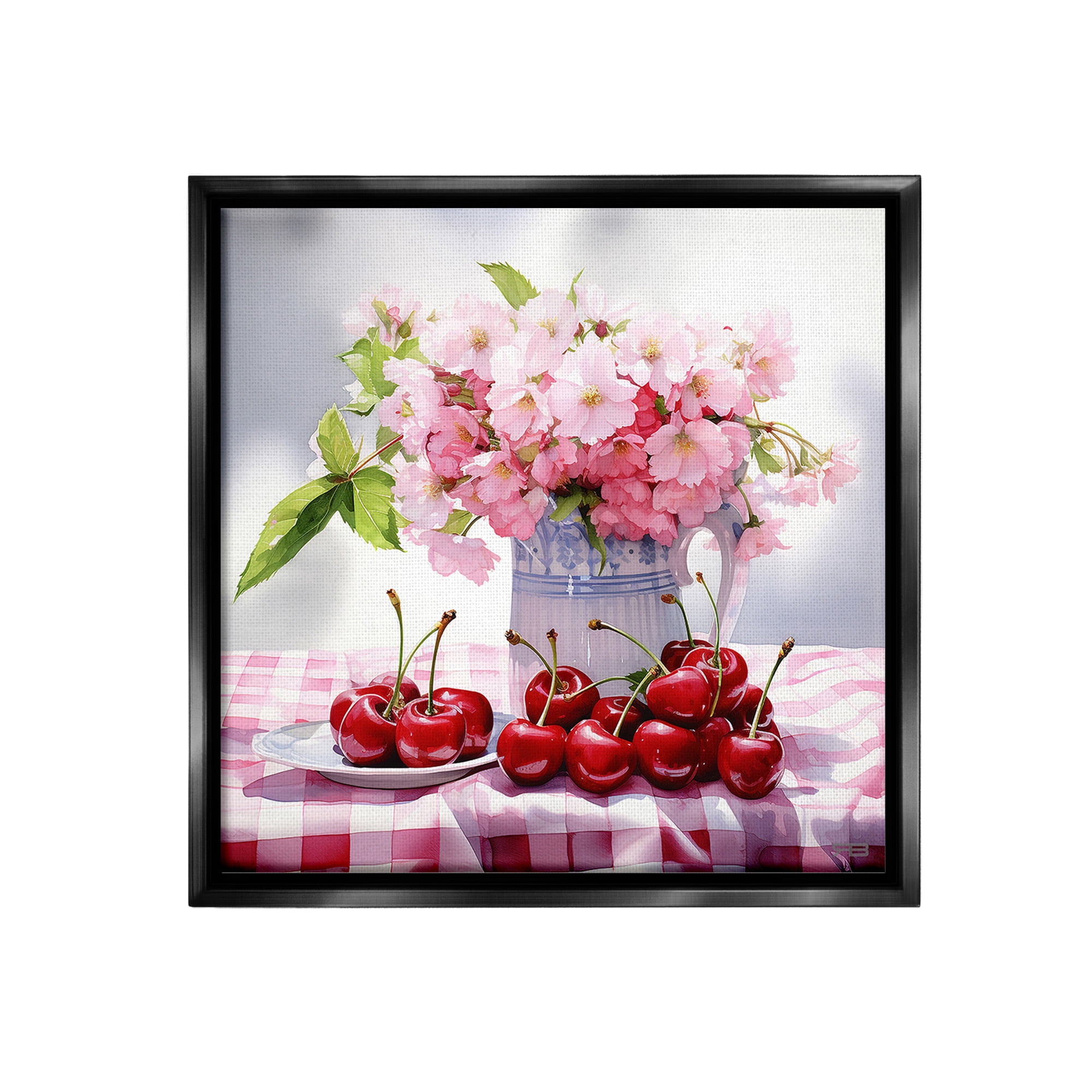 Stupell Industries Cherries & Blossoms Bouquet Botanical & Floral Painting Black Floater Framed Canvas Art Print Wall Art, 25 x 25