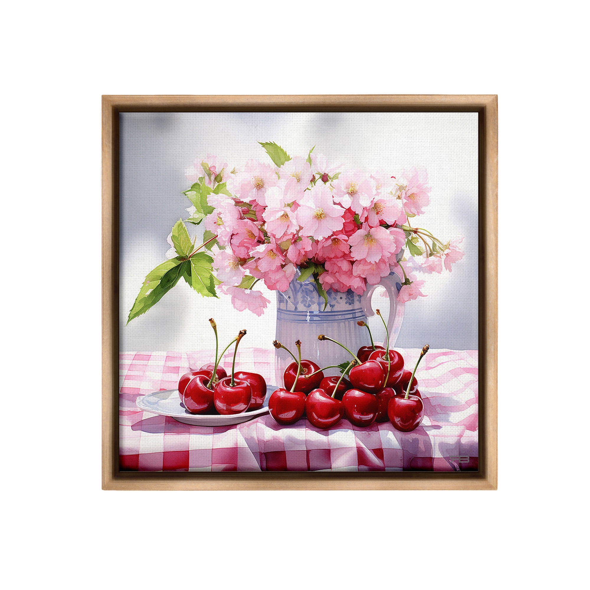 Stupell Industries Cherries & Blossoms Bouquet Botanical & Floral Painting Brown Floater Framed Canvas Art Print Wall Art, 18 x 18