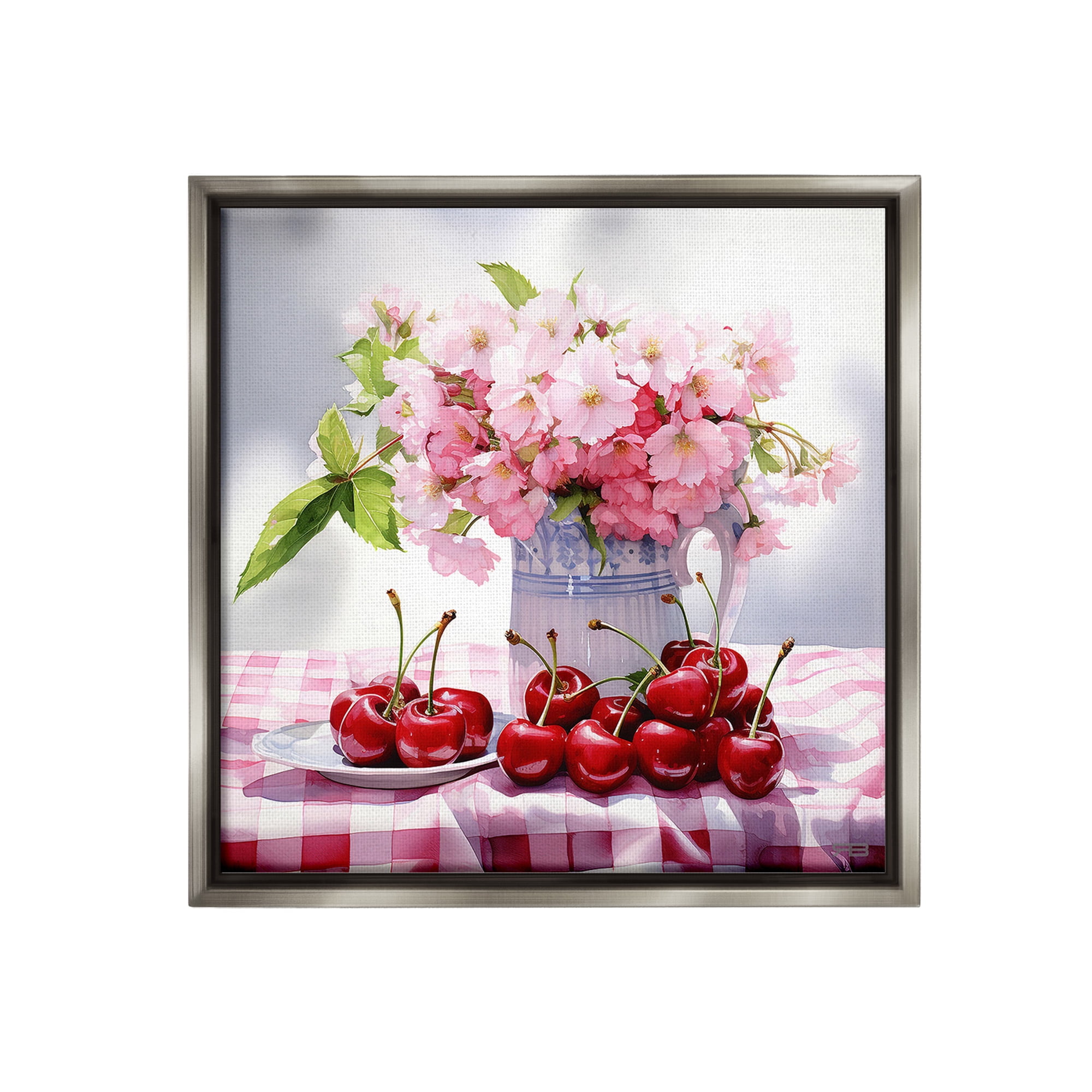 Stupell Industries Cherries & Blossoms Bouquet Botanical & Floral Painting Gray Floater Framed Canvas Art Print Wall Art, 25 x 25
