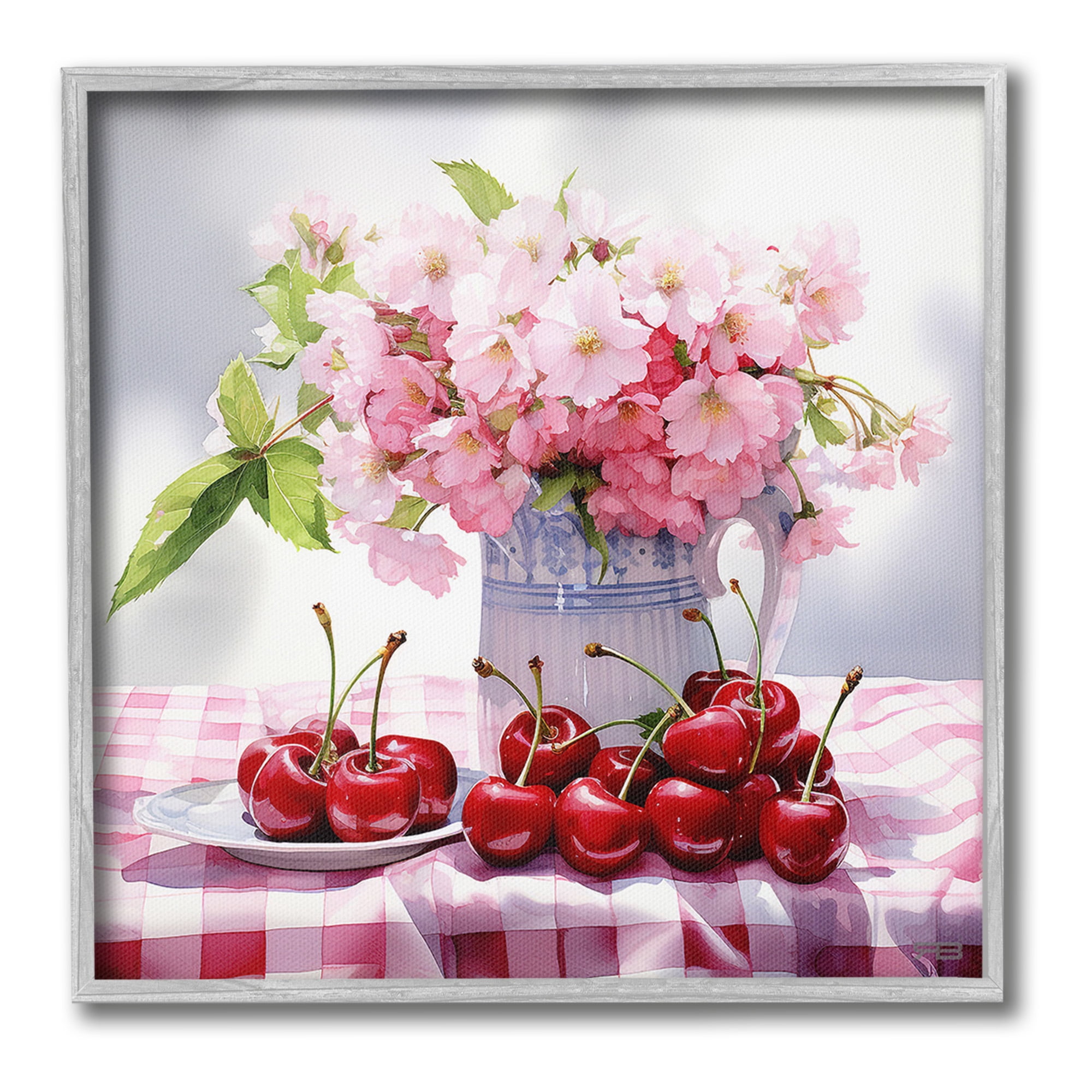 Stupell Industries Cherries & Blossoms Bouquet Botanical & Floral Painting Gray Framed Art Print Wall Art, 24 x 24