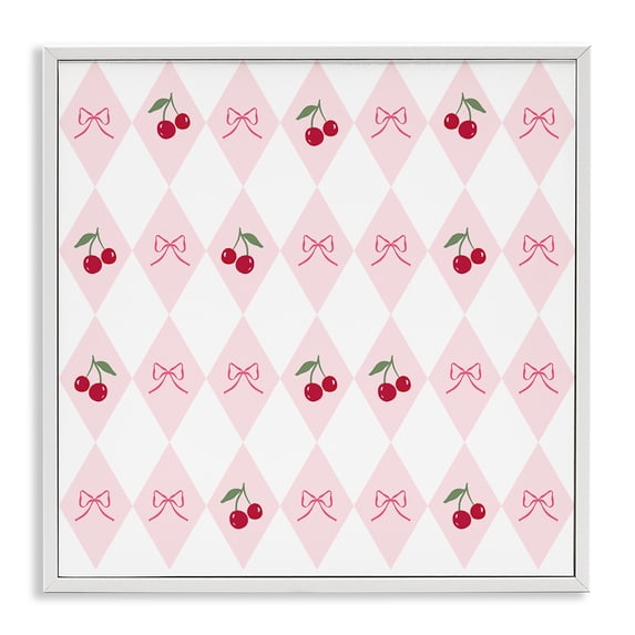 Stupell Industries Cottage Cherries & Bows Argyle White Framed Giclee Art, 24 x 24, by Lucille Price