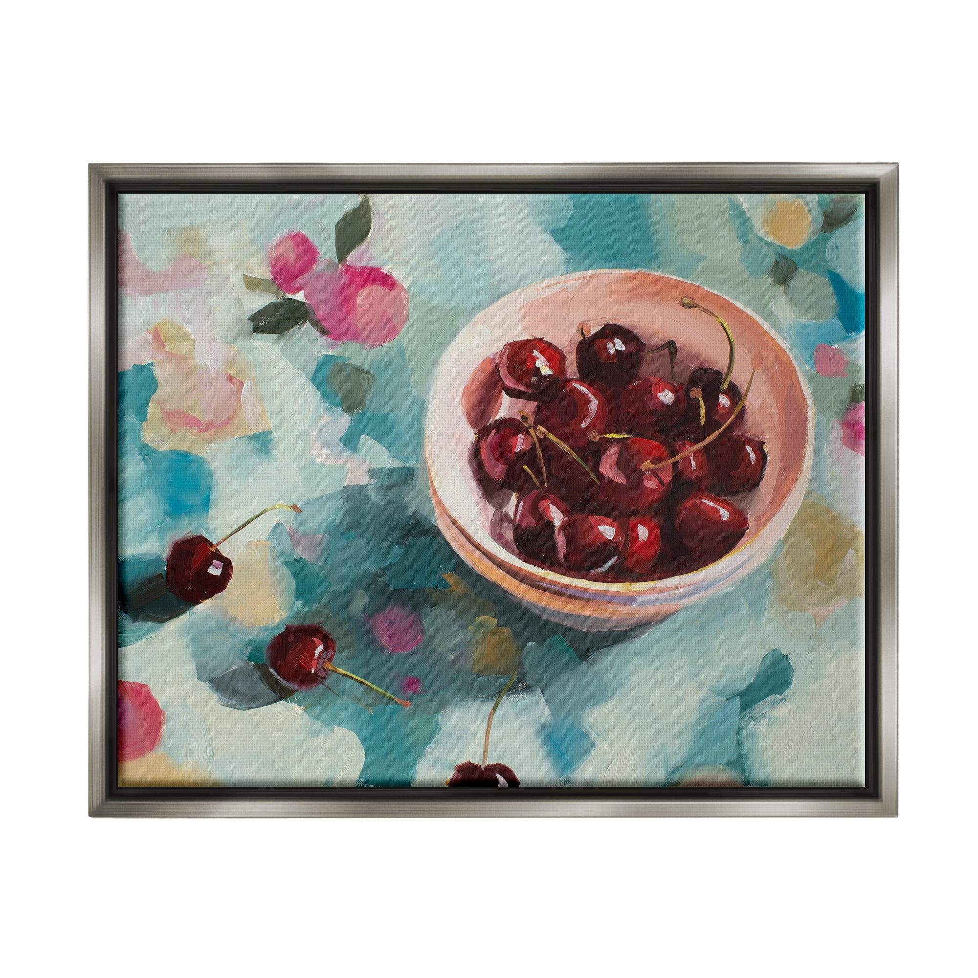 Stupell Industries Cherries Still Life Painting Food & Beverage Painting Gray Floater Framed Canvas Art Print Wall Art, 21 x 17