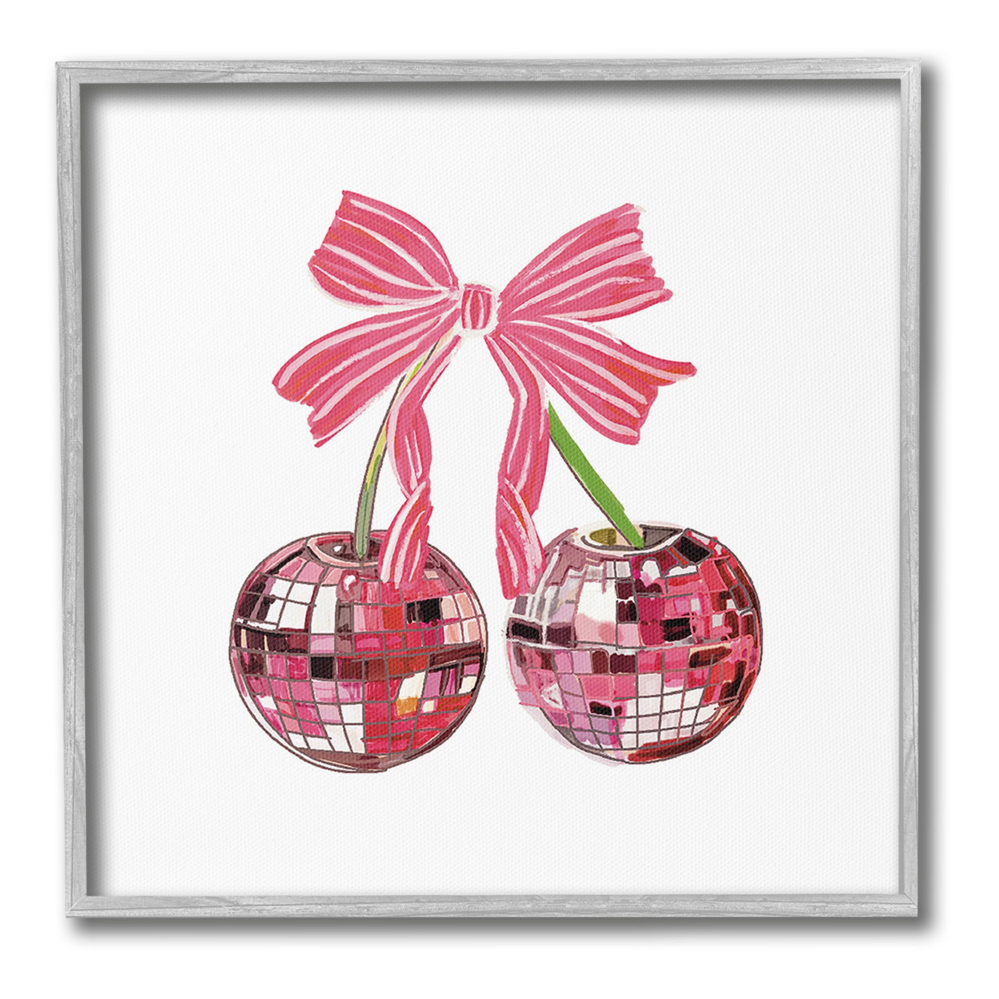Stupell Industries Cherries & Striped Bow Food & Beverage Painting Gray Framed Art Print Wall Art, 12 x 12
