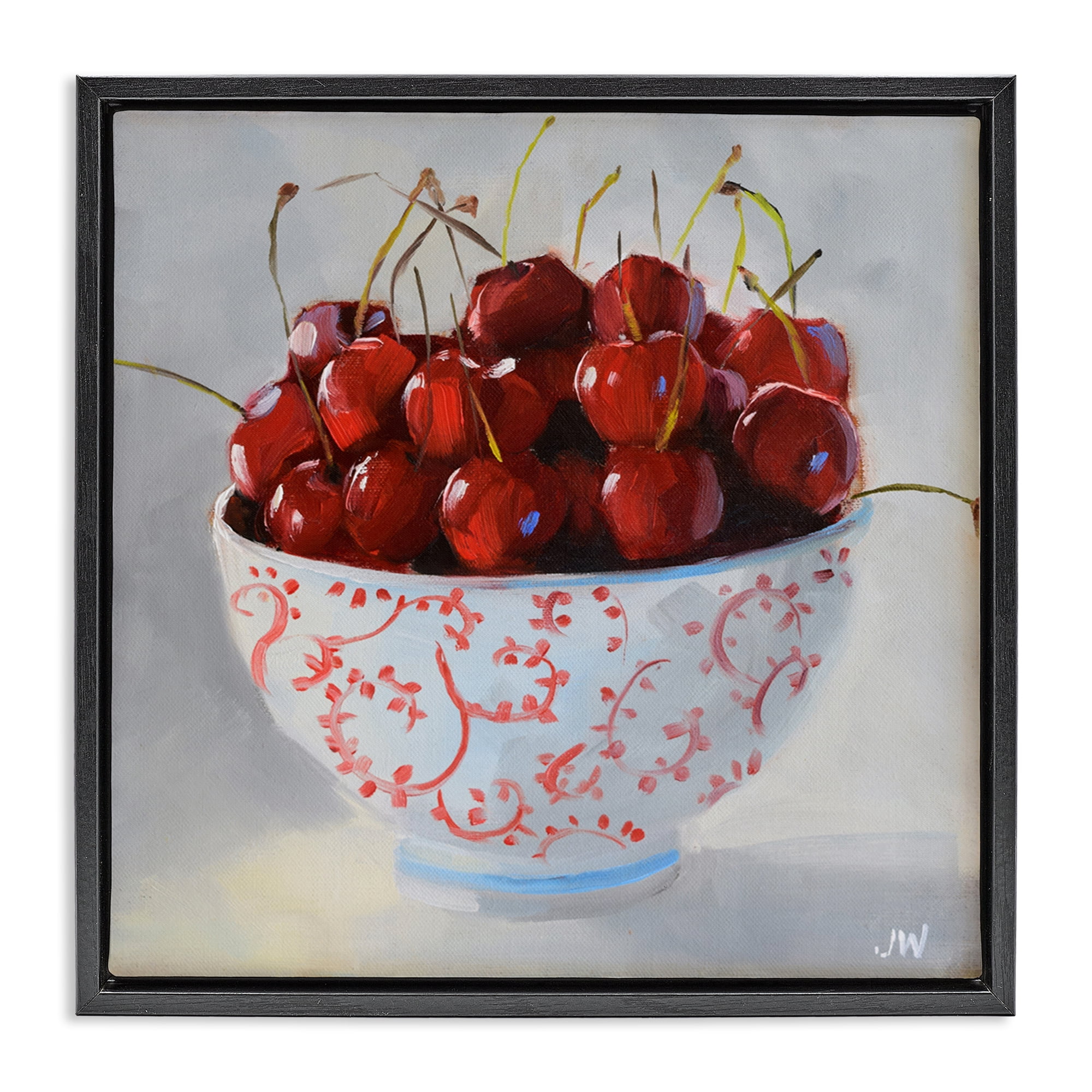 Stupell Industries Cherries in Ornate Bowl Food & Beverage Painting Black Floater Framed Canvas Art Print Wall Art, 18 x 18