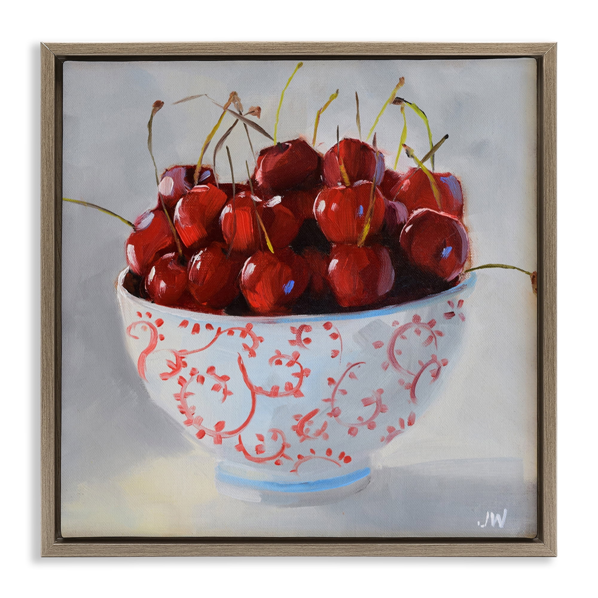 Stupell Industries Cherries in Ornate Bowl Food & Beverage Painting Brown Floater Framed Canvas Art Print Wall Art, 25 x 25