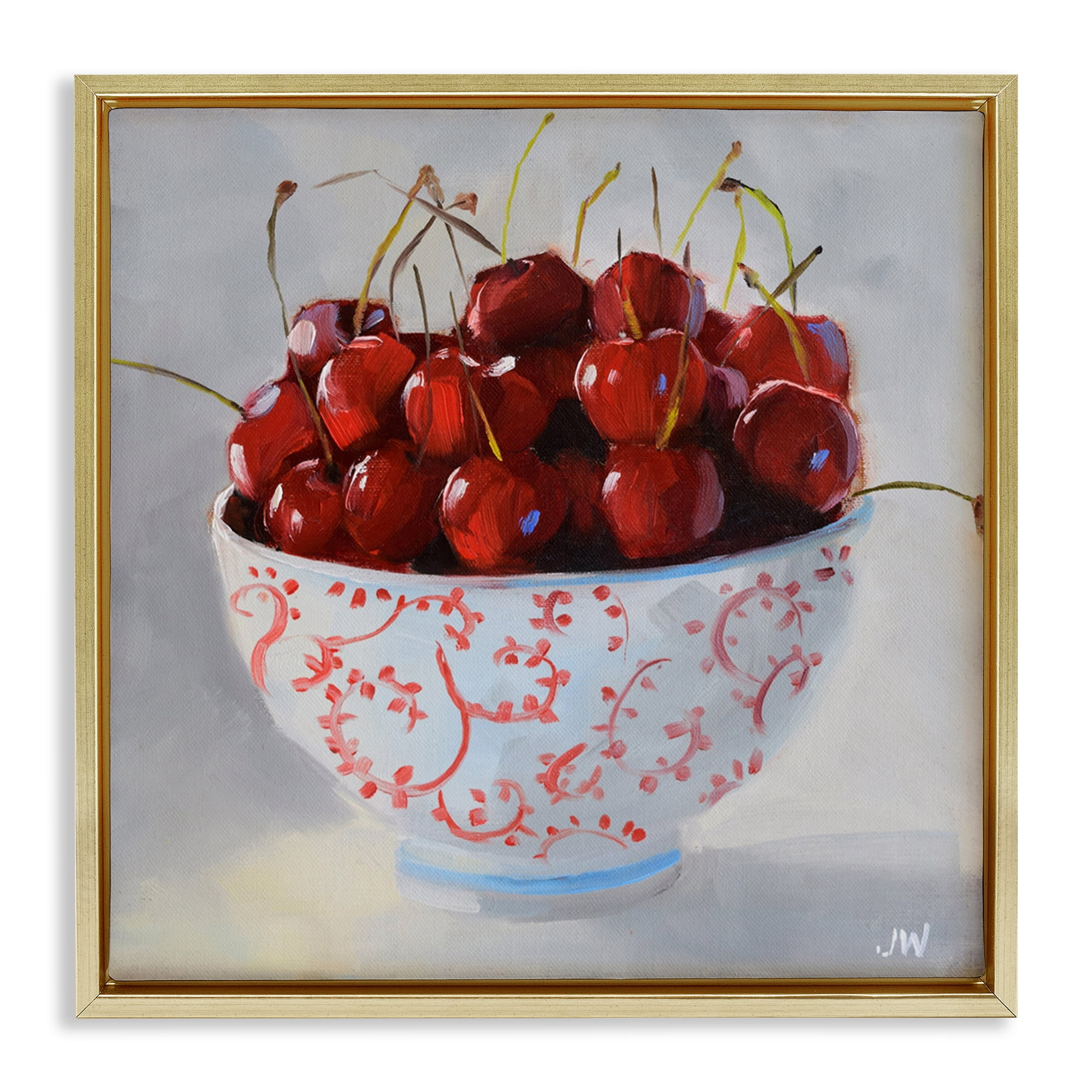 Stupell Industries Cherries in Ornate Bowl Food & Beverage Painting Gold Floater Framed Canvas Art Print Wall Art, 18 x 18