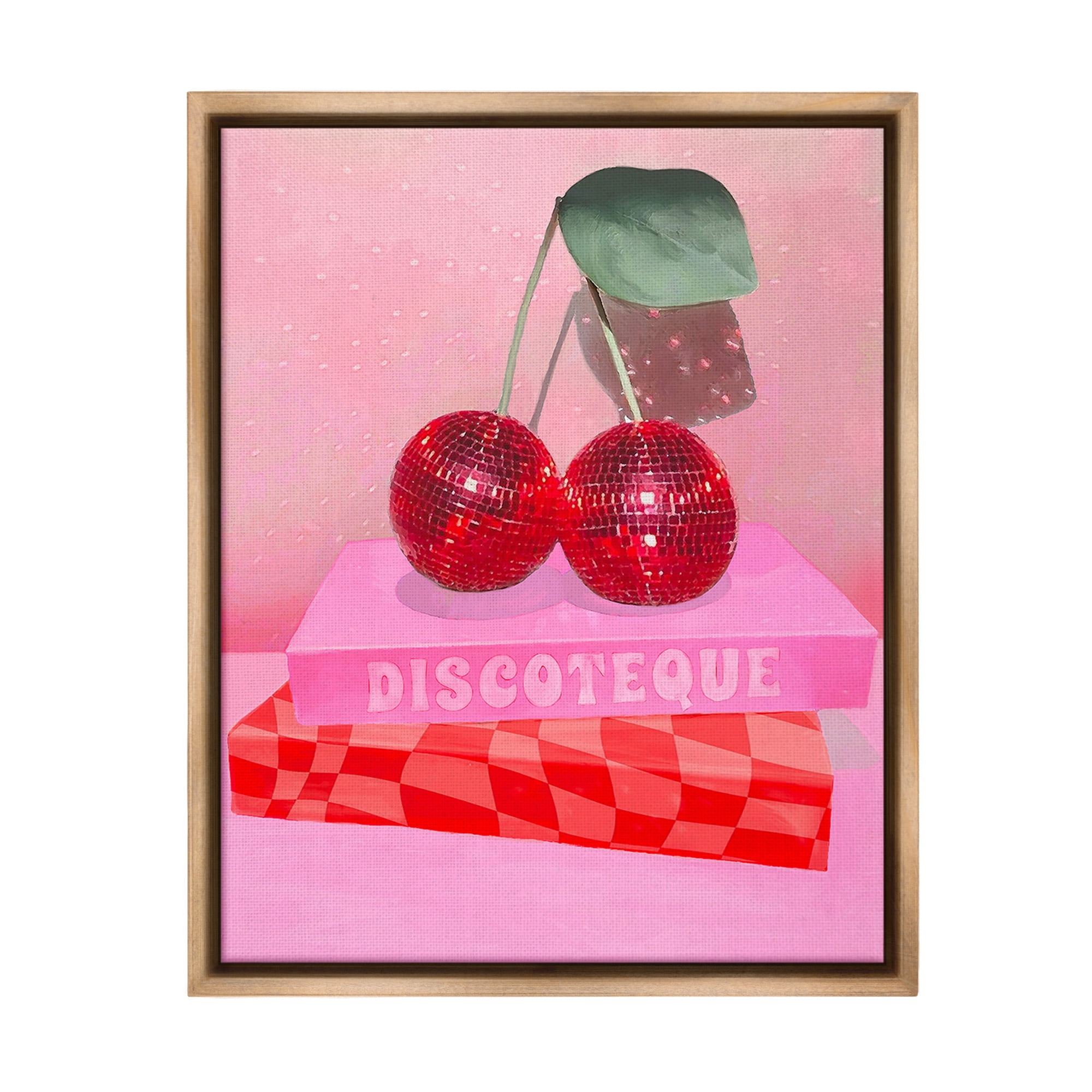 Stupell Industries Cherries on Book Stack Literature & Flim Painting Brown Floater Framed Canvas Art Print Wall Art, 17 x 21