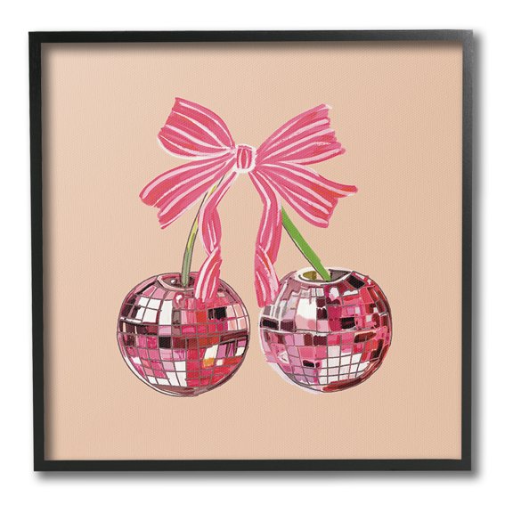 Stupell Industries Cherries with Pink Bow Food & Beverage Painting Black Framed Art Print Wall Art, 12 x 12