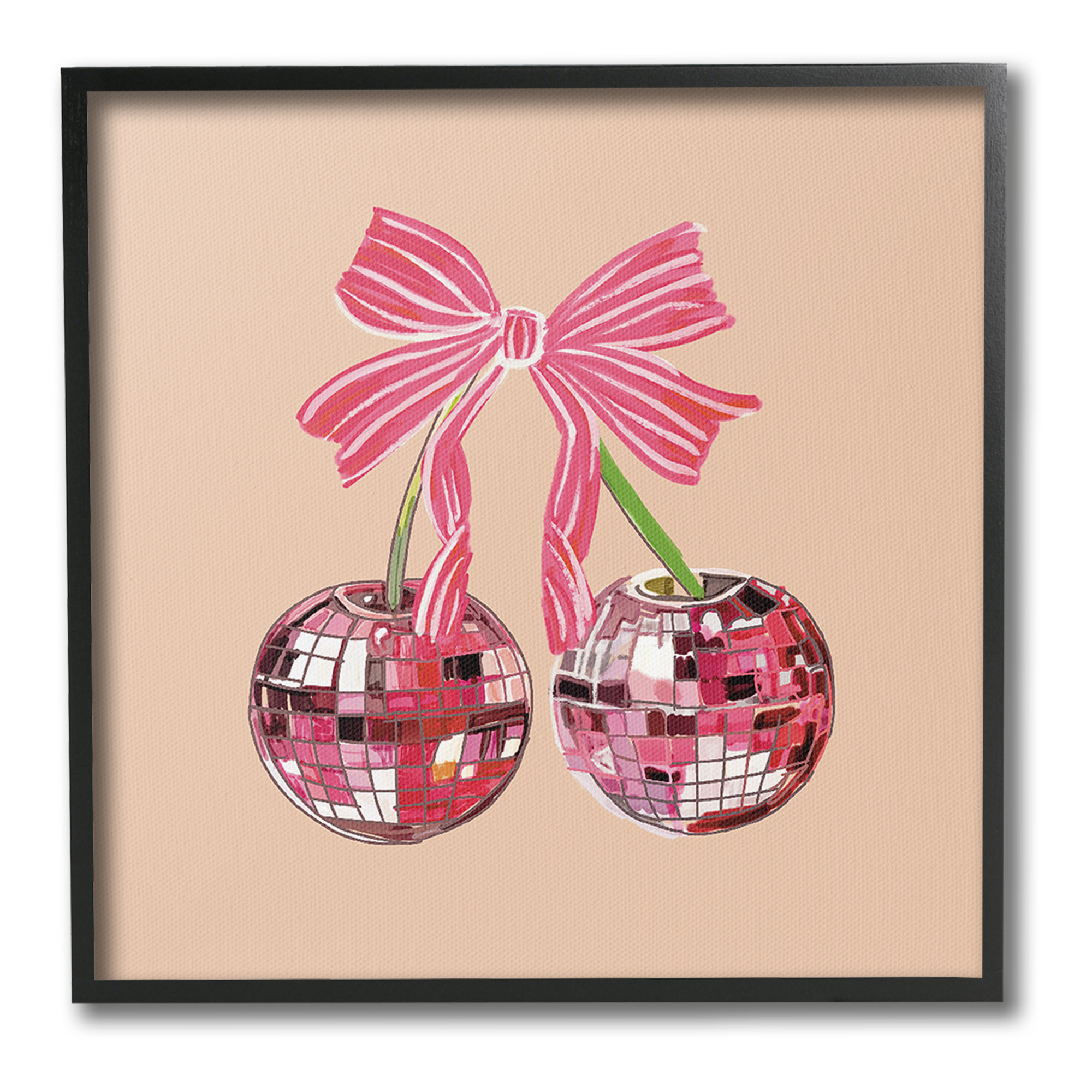 Stupell Industries Cherries with Pink Bow Food & Beverage Painting Black Framed Art Print Wall Art, 24 x 24