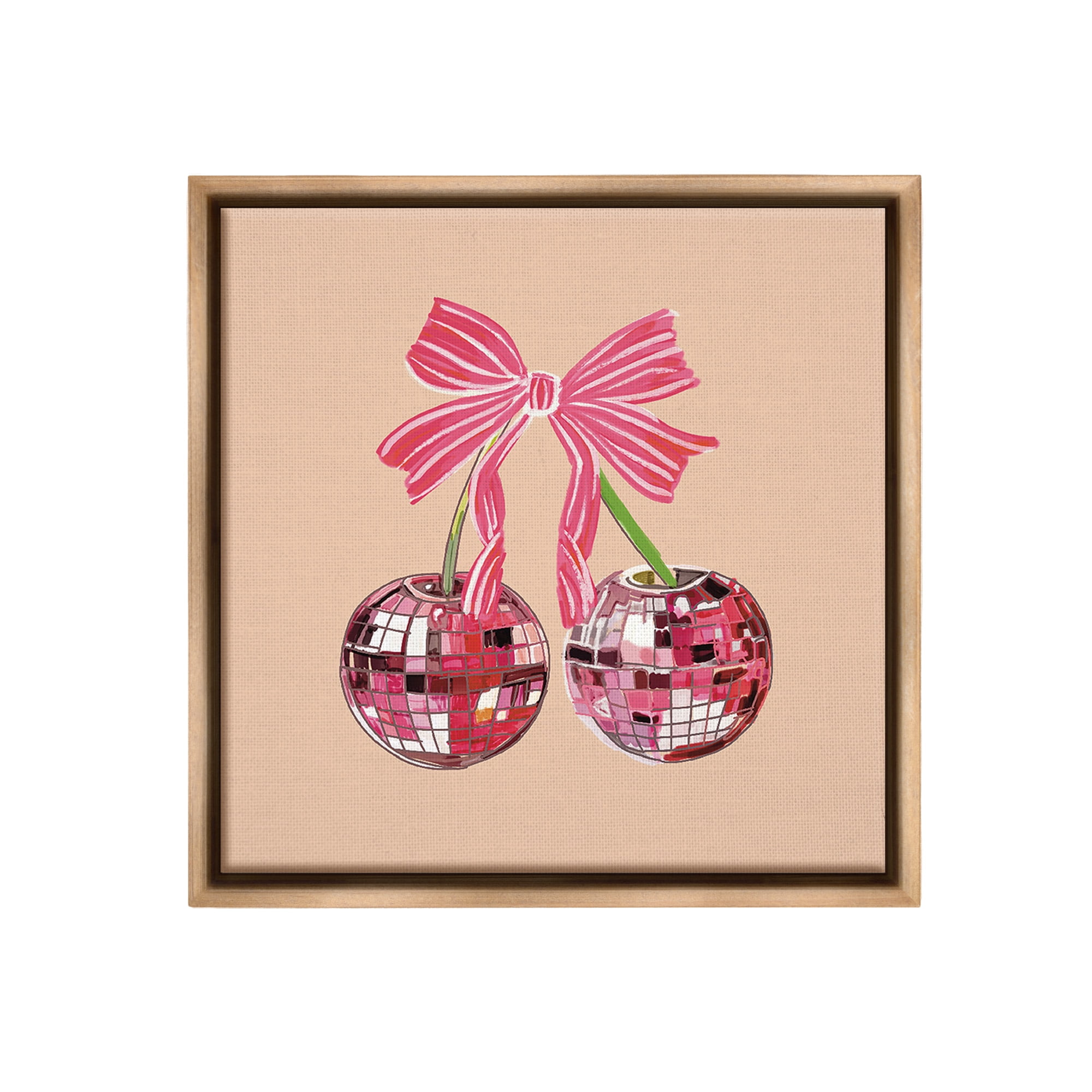 Stupell Industries Cherries with Pink Bow Food & Beverage Painting Brown Floater Framed Canvas Art Print Wall Art, 18 x 18