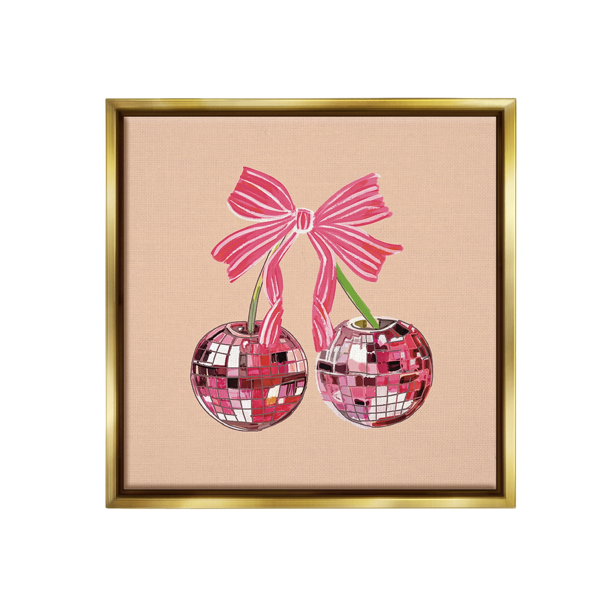 Stupell Industries Cherries with Pink Bow Food & Beverage Painting Gold Floater Framed Canvas Art Print Wall Art, 25 x 25