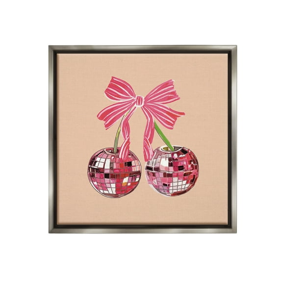 Stupell Industries Cherries with Pink Bow Food & Beverage Painting Gray Floater Framed Canvas Art Print Wall Art, 25 x 25