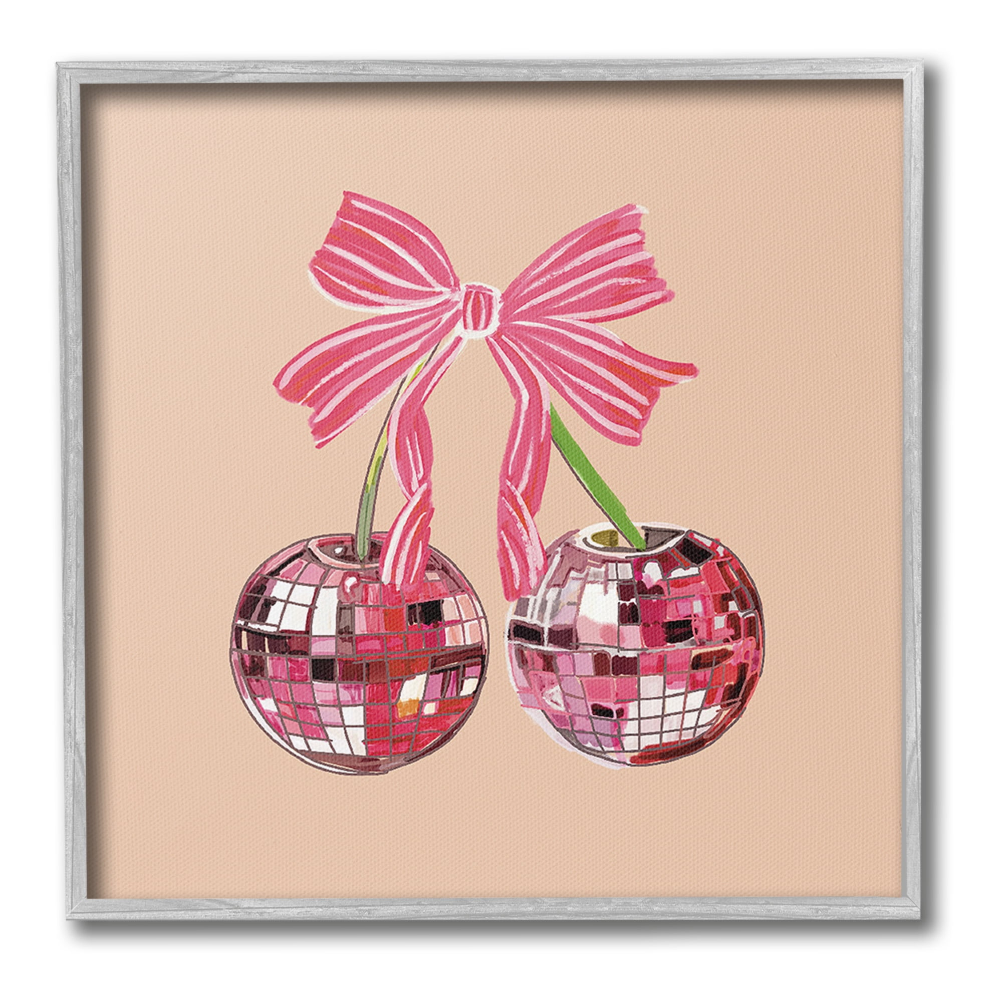 Stupell Industries Cherries with Pink Bow Food & Beverage Painting Gray Framed Art Print Wall Art, 17 x 17