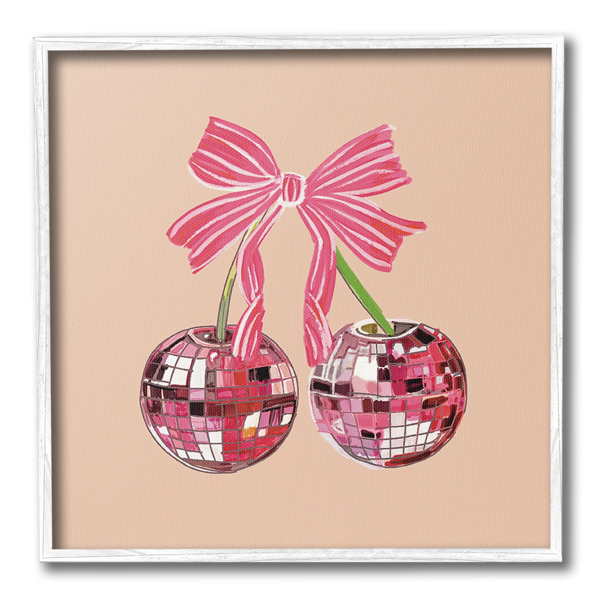 Stupell Industries Cherries with Pink Bow Food & Beverage Painting White Framed Art Print Wall Art, 24 x 24