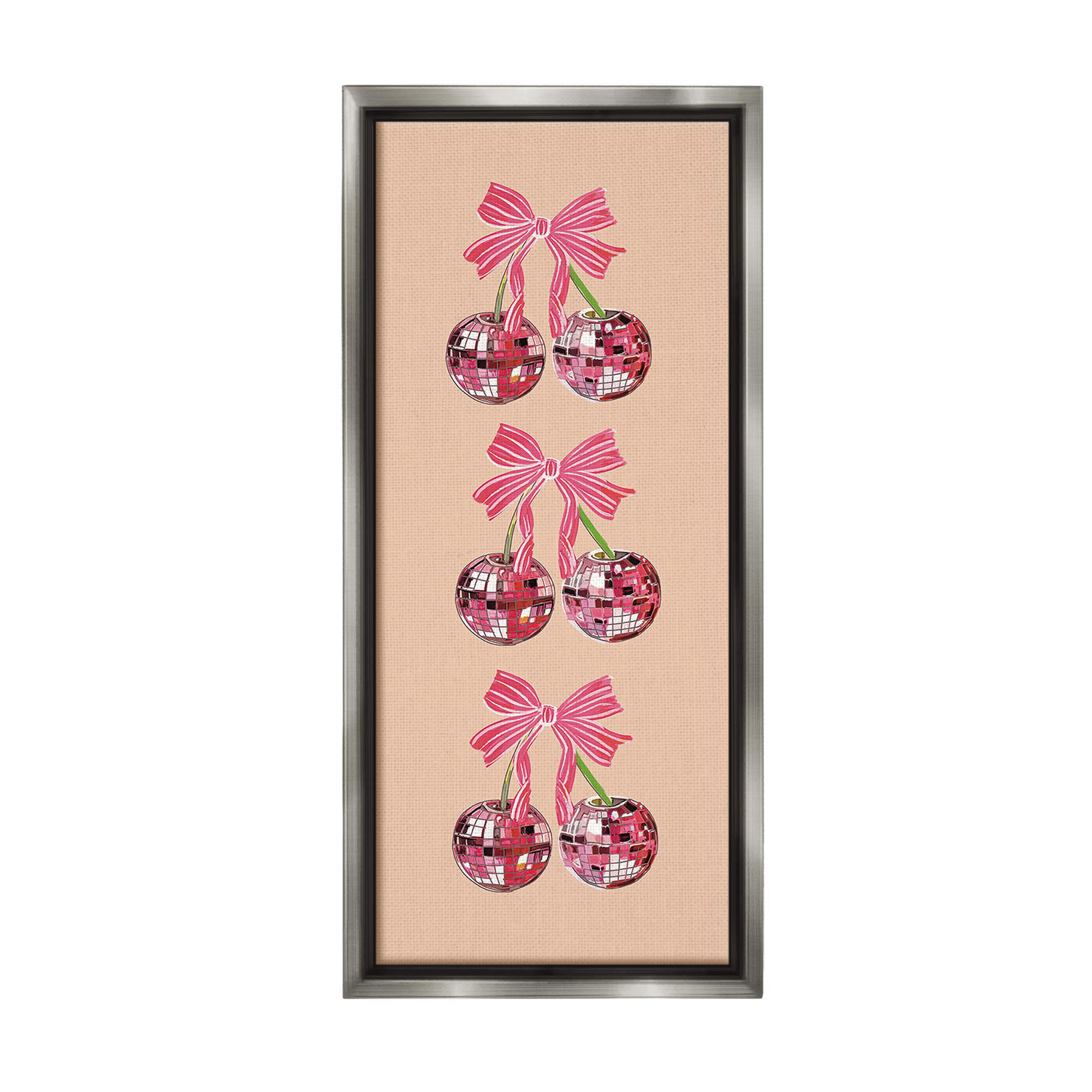Stupell Industries Cherries with Ribbons Food & Beverage Painting Gray Floater Framed Canvas Art Print Wall Art, 14 x 31