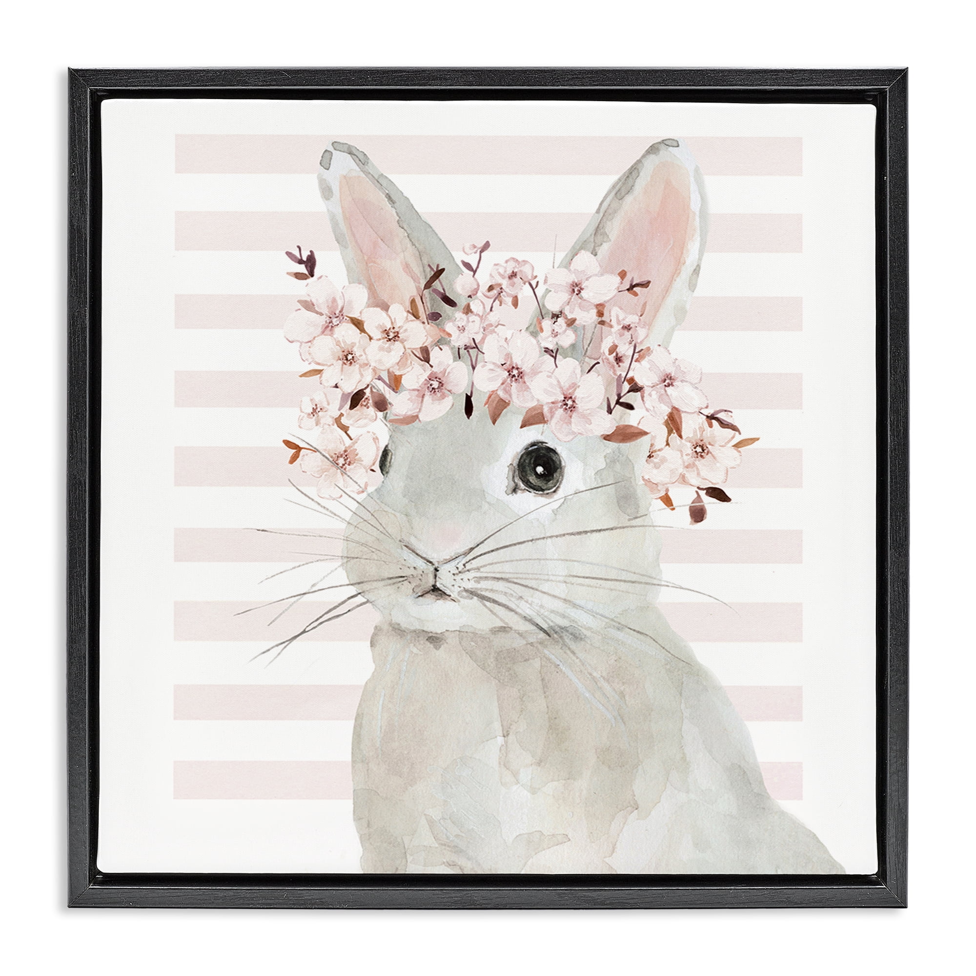 Stupell Industries Cherry Blossom Bunny Animals Painting Black Floater Framed Canvas Art Print Wall Art, 25 x 25