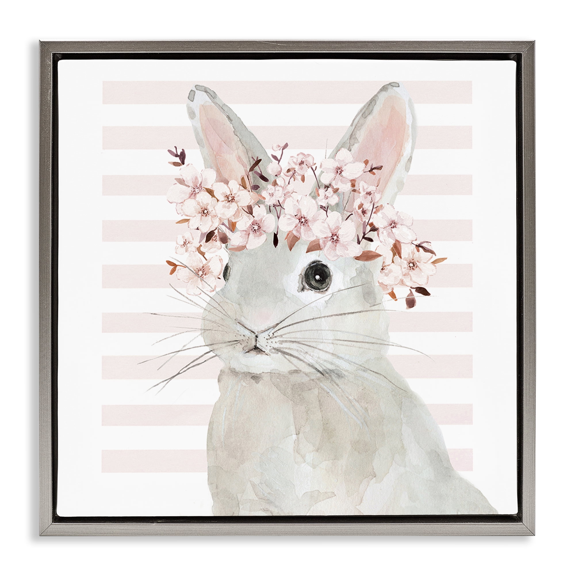 Stupell Industries Cherry Blossom Bunny Animals Painting Gray Floater Framed Canvas Art Print Wall Art, 25 x 25