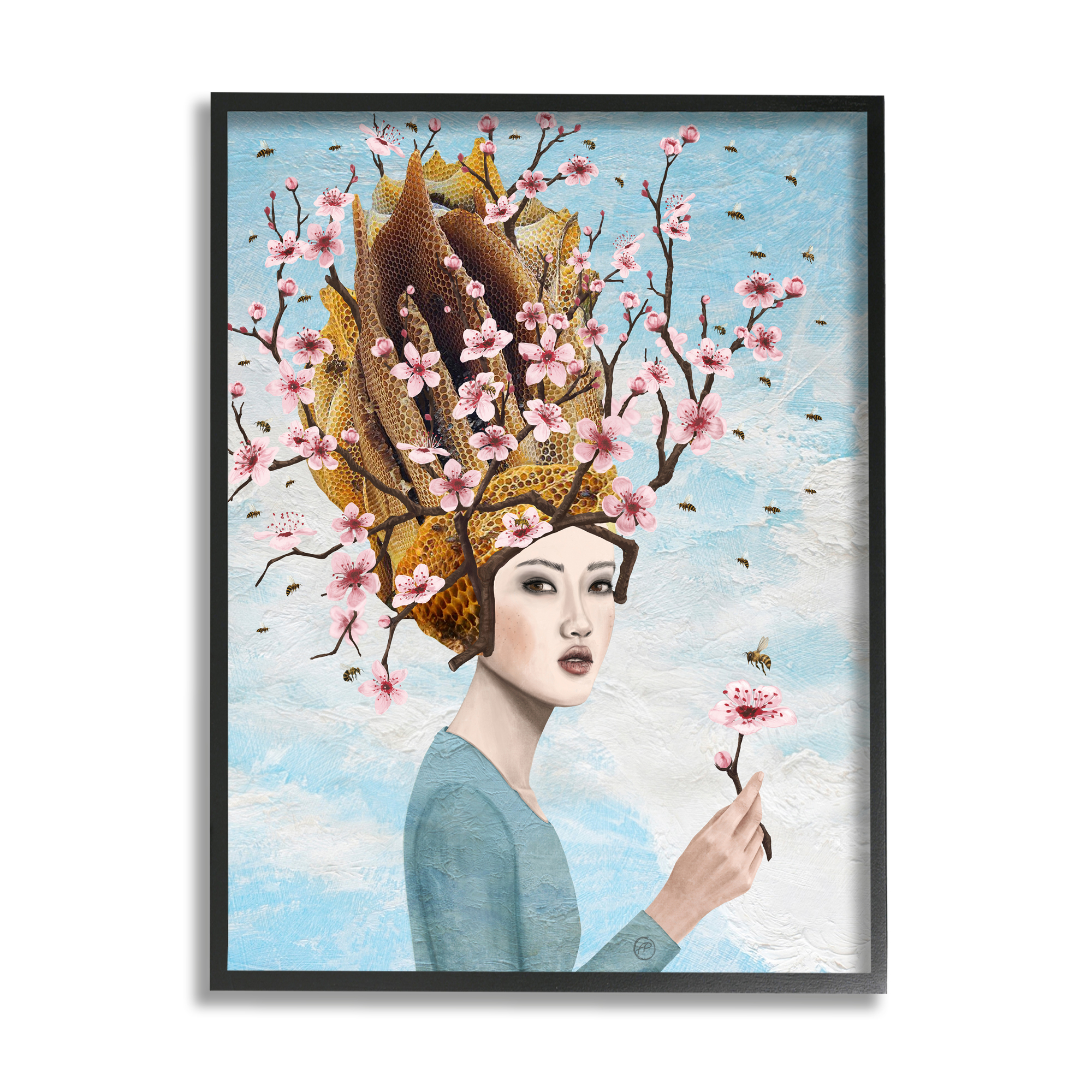 Stupell Industries Cherry Blossom Girl Botanical & Floral Painting Black Framed Art Print Wall Art, 24 x 30