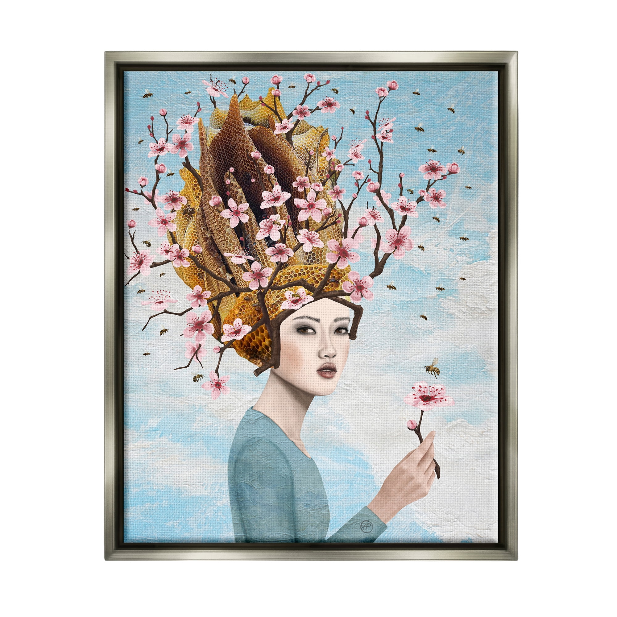 Stupell Industries Cherry Blossom Girl Botanical & Floral Painting Gray Floater Framed Canvas Art Print Wall Art, 25 x 31