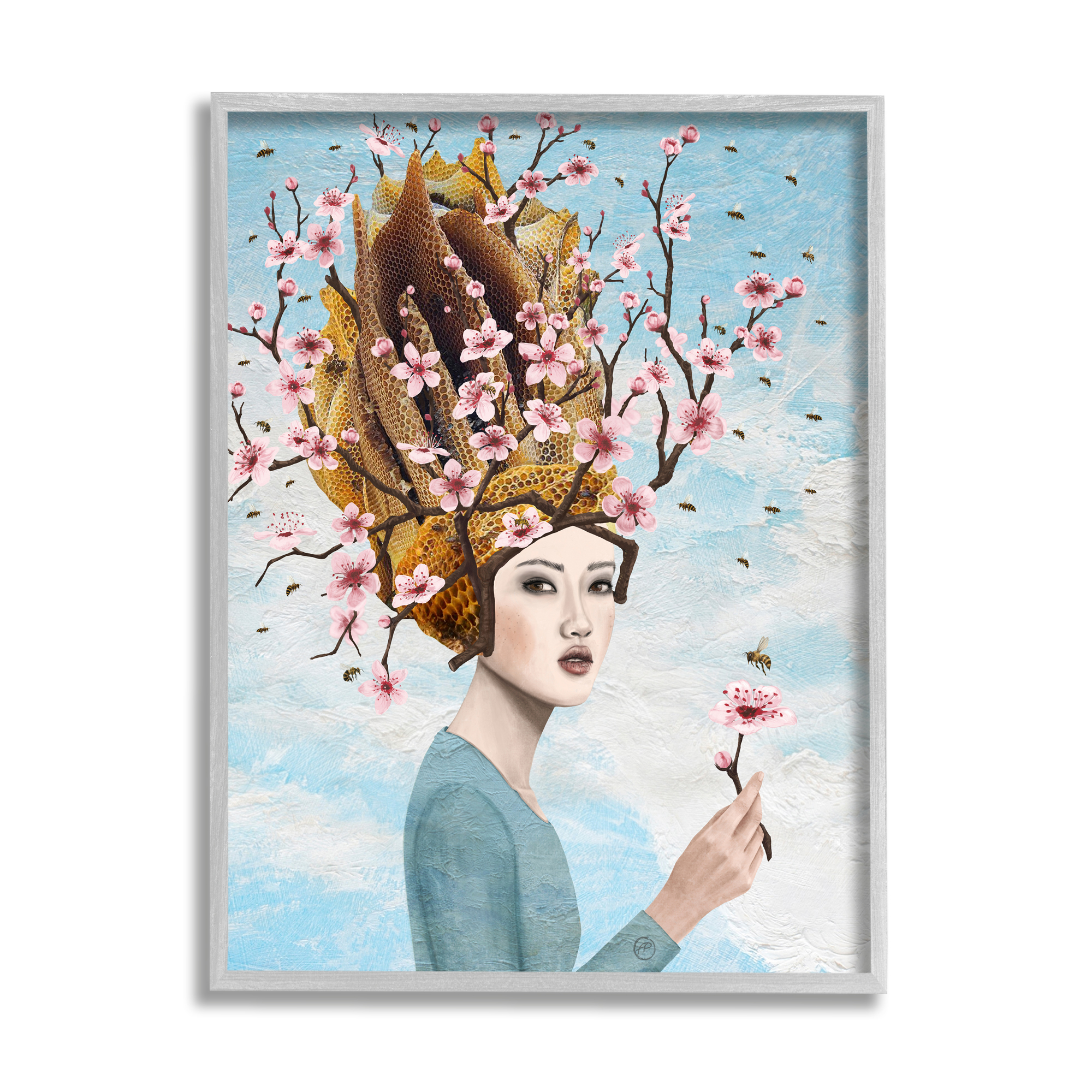 Stupell Industries Cherry Blossom Girl Botanical & Floral Painting Gray Framed Art Print Wall Art, 16 x 20