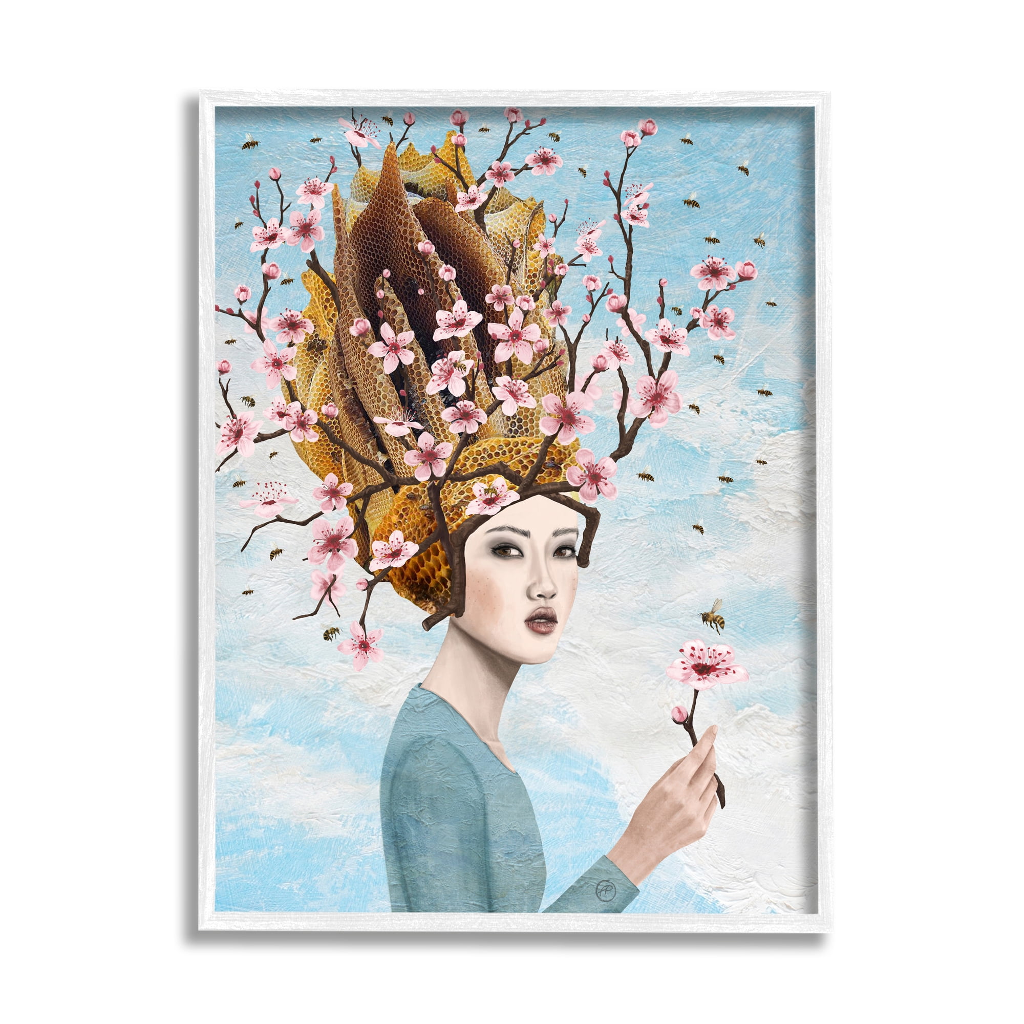 Stupell Industries Cherry Blossom Girl Botanical & Floral Painting White Framed Art Print Wall Art, 11 x 14