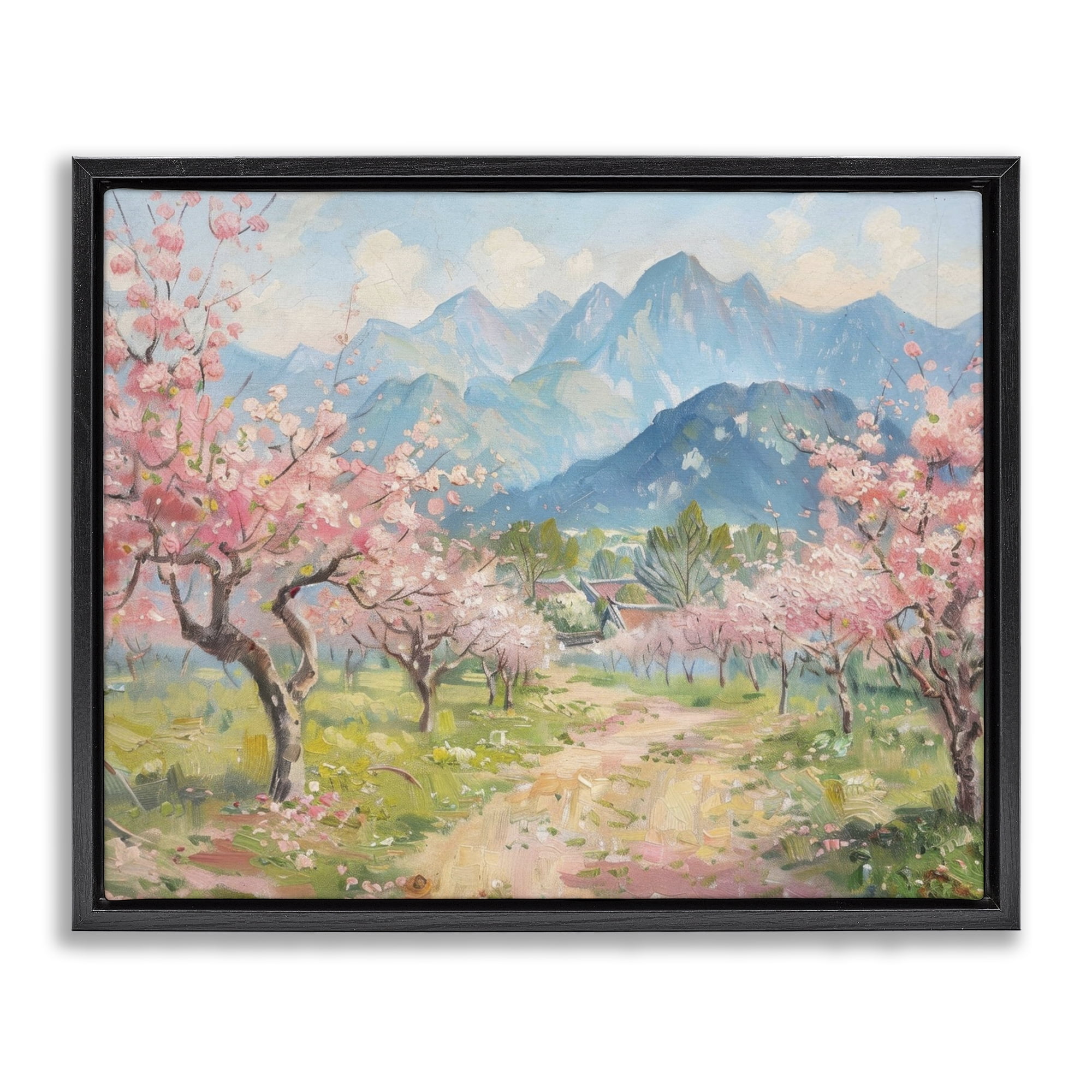 Stupell Industries Cherry Blossom Mountains Landscape & Nature Painting Black Floater Framed Canvas Art Print Wall Art, 31 x 25
