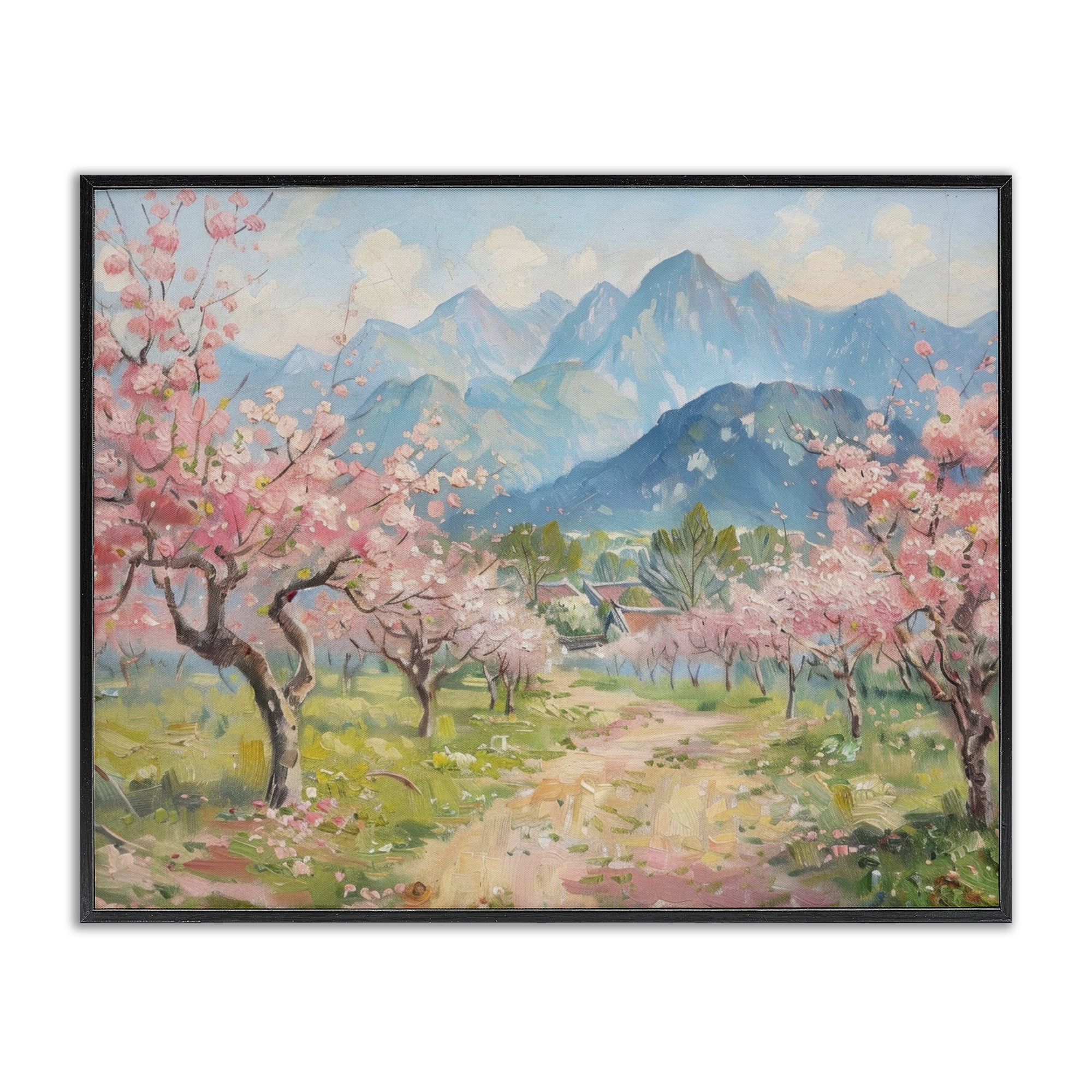 Stupell Industries Cherry Blossom Mountains Landscape & Nature Painting Black Framed Art Print Wall Art, 14 x 11