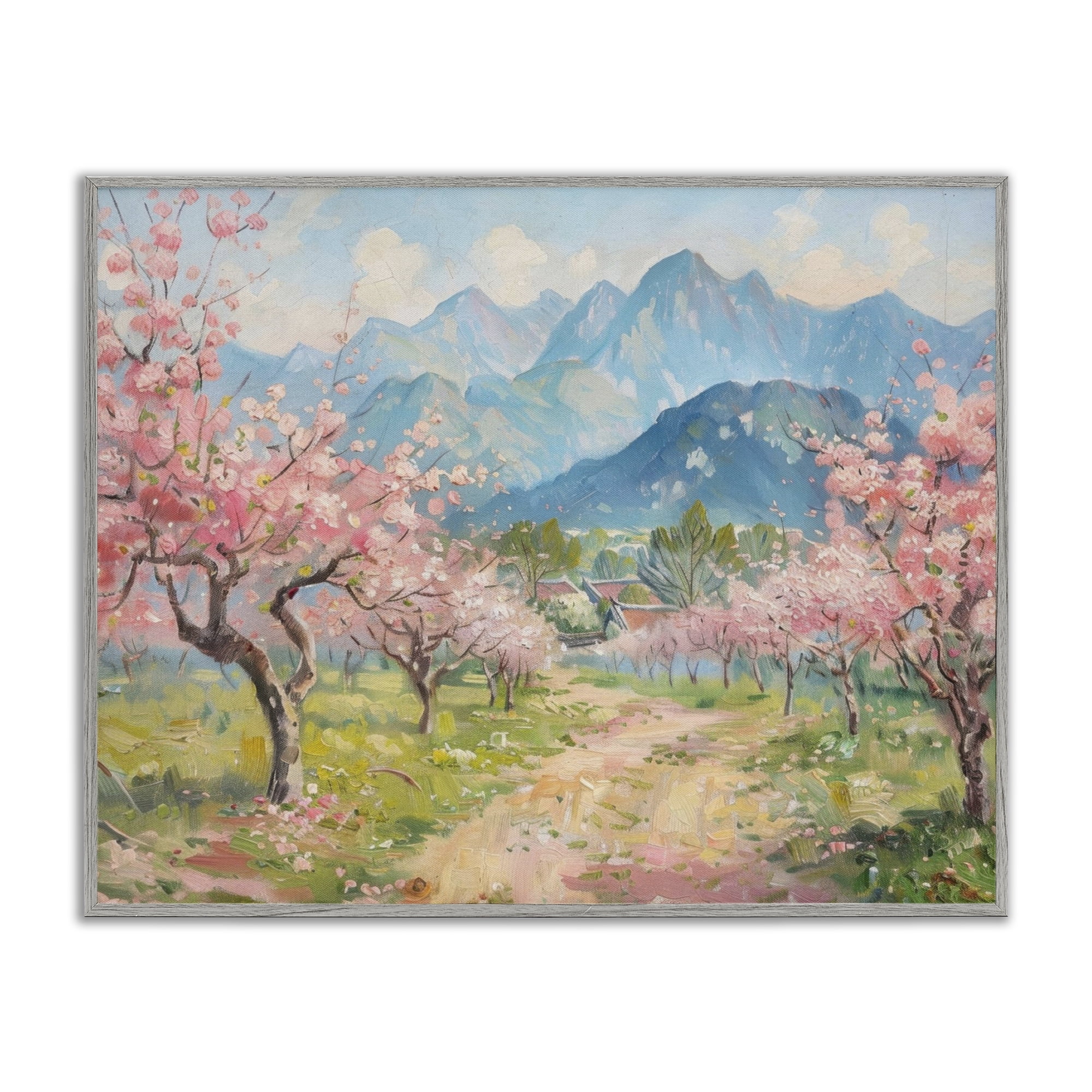 Stupell Industries Cherry Blossom Mountains Landscape & Nature Painting Gray Framed Art Print Wall Art, 14 x 11