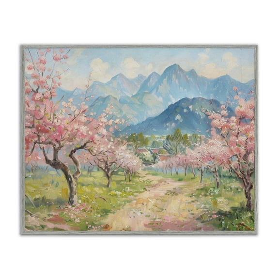 Stupell Industries Cherry Blossom Mountains Landscape & Nature Painting Gray Framed Art Print Wall Art, 20 x 16